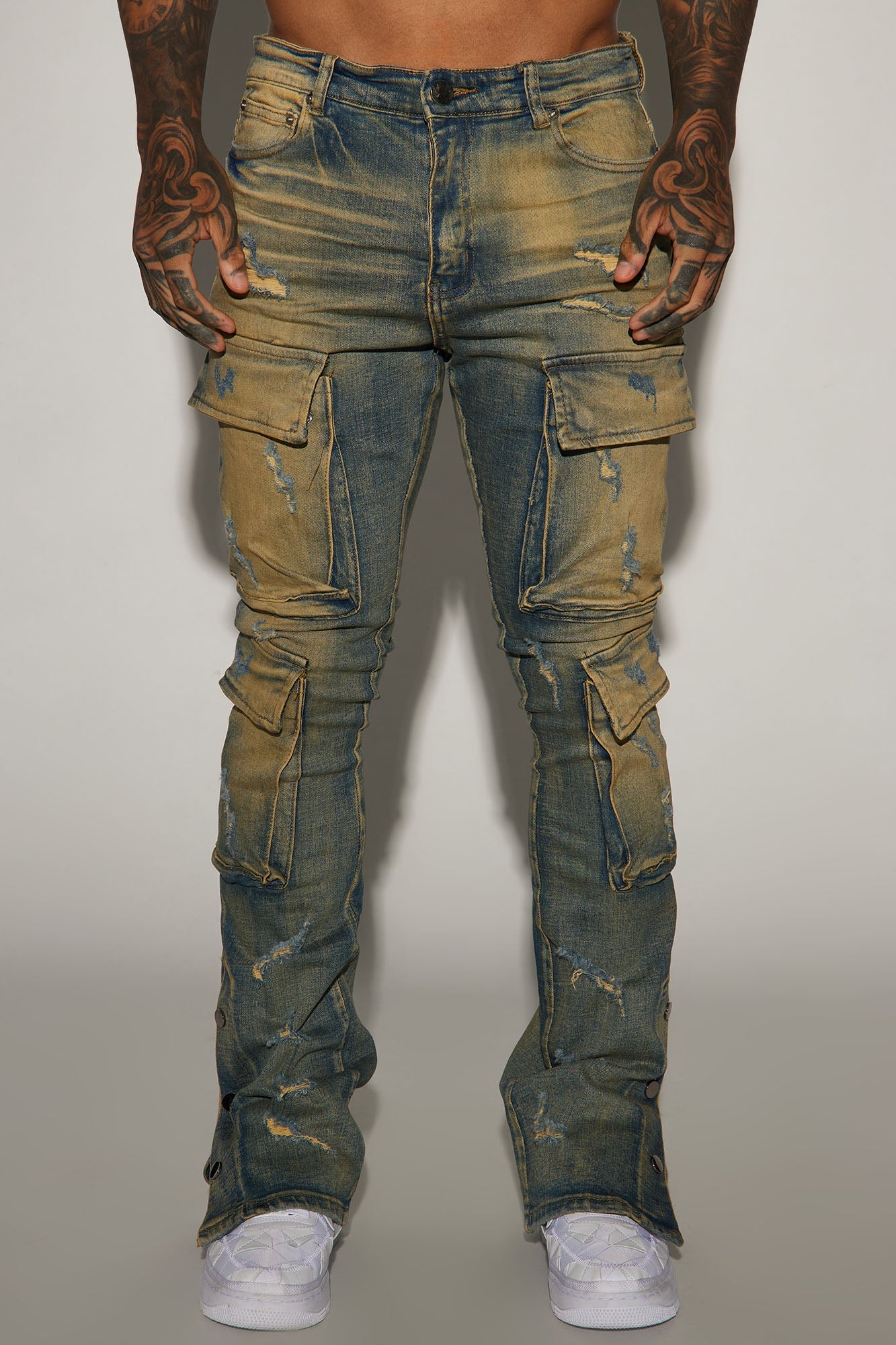 On The Set Stacked Skinny Snap Flare Jeans - Vintage Wash Fashion Nova