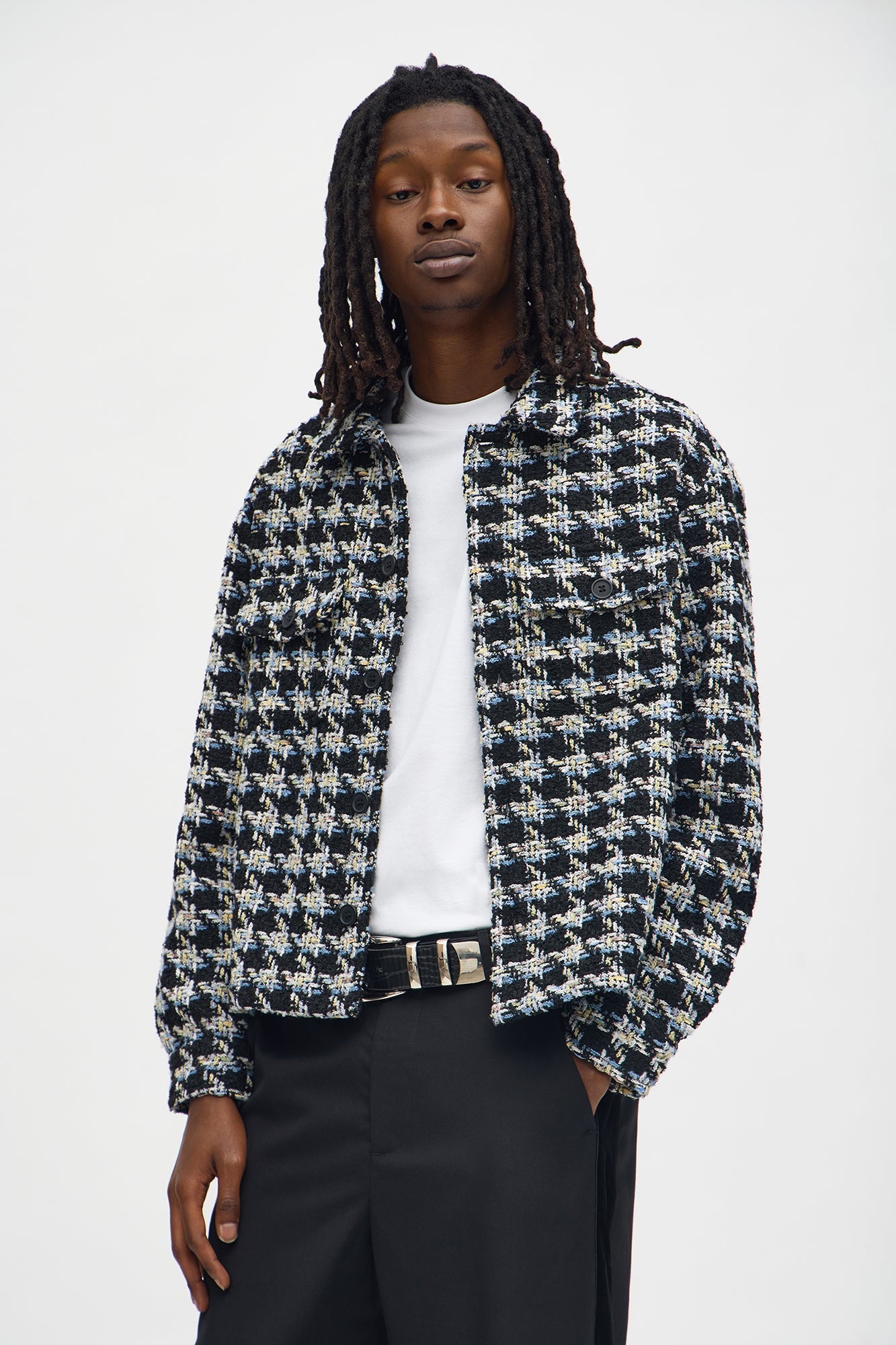 Cropped Textured Boucle Houndstooth Shacket - Black Fashion Nova