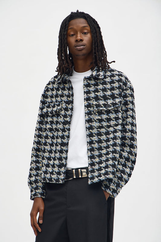Cropped Textured Boucle Houndstooth Shacket - Black Fashion Nova