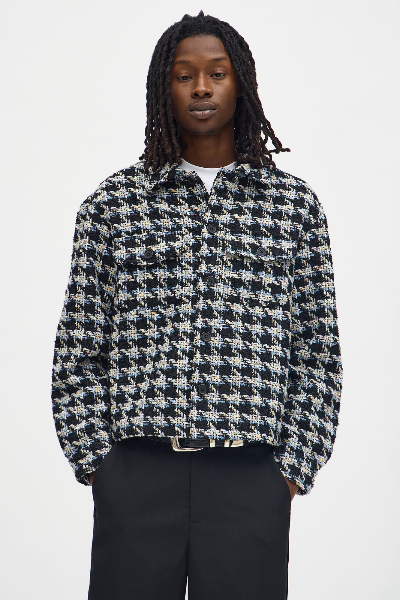 Cropped Textured Boucle Houndstooth Shacket - Black Fashion Nova