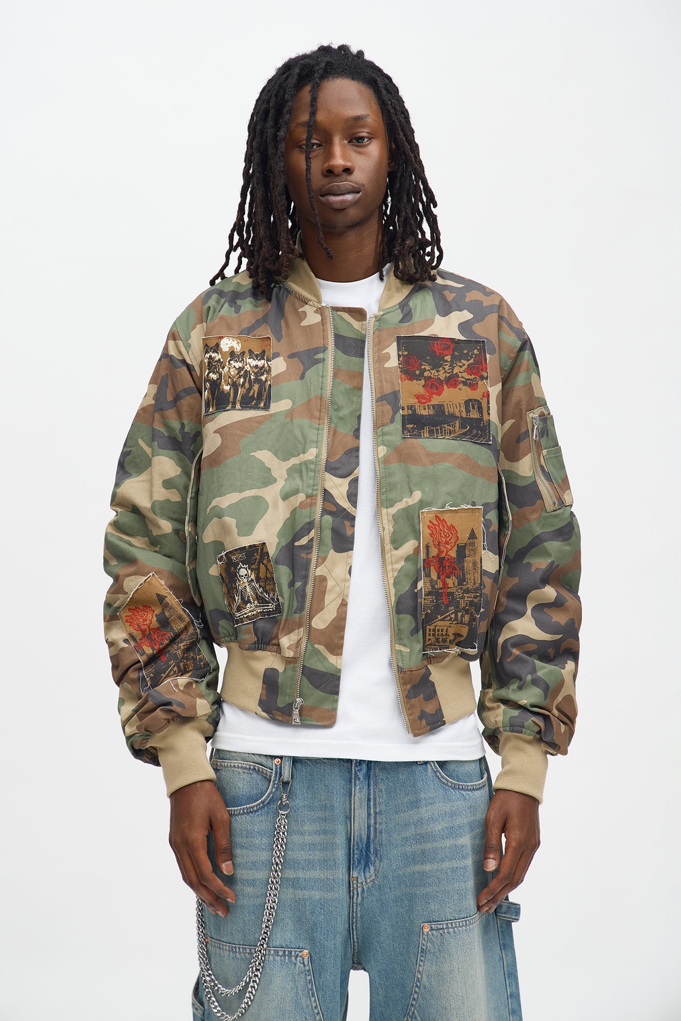 Oversized Padded Distressed Patched Bomber Jacket - Camouflage Fashion Nova
