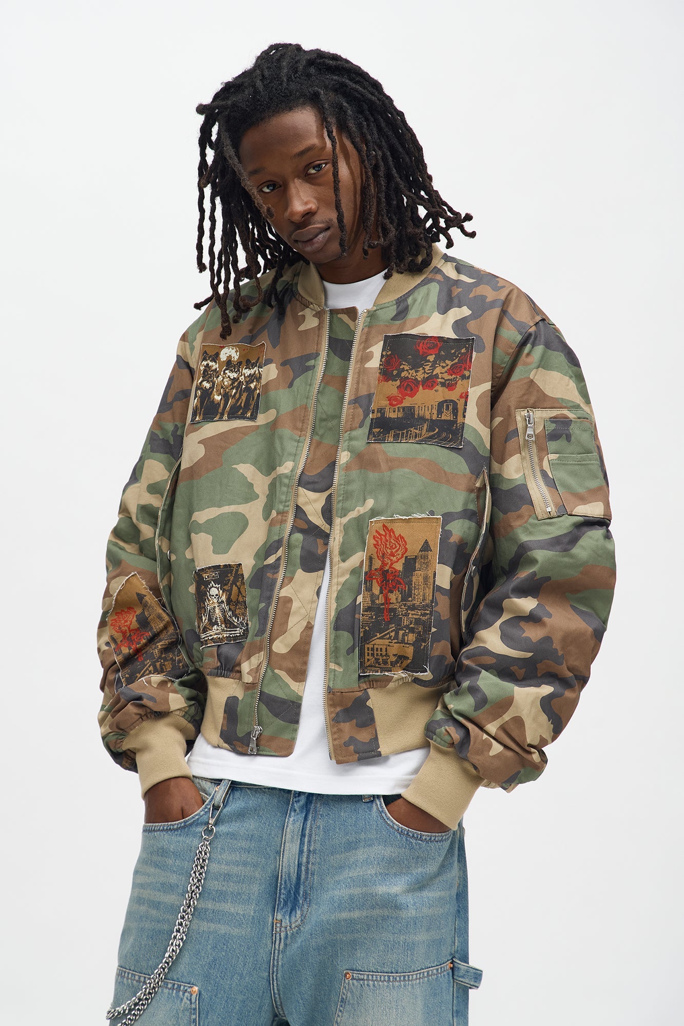 Oversized Padded Distressed Patched Bomber Jacket - Camouflage Fashion Nova