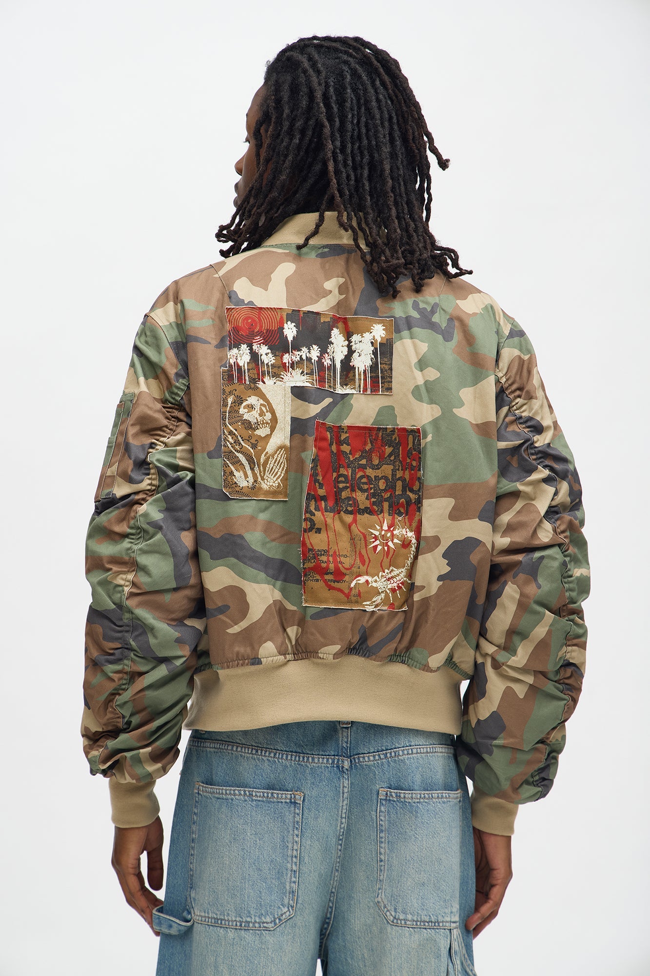 Oversized Padded Distressed Patched Bomber Jacket - Camouflage Fashion Nova