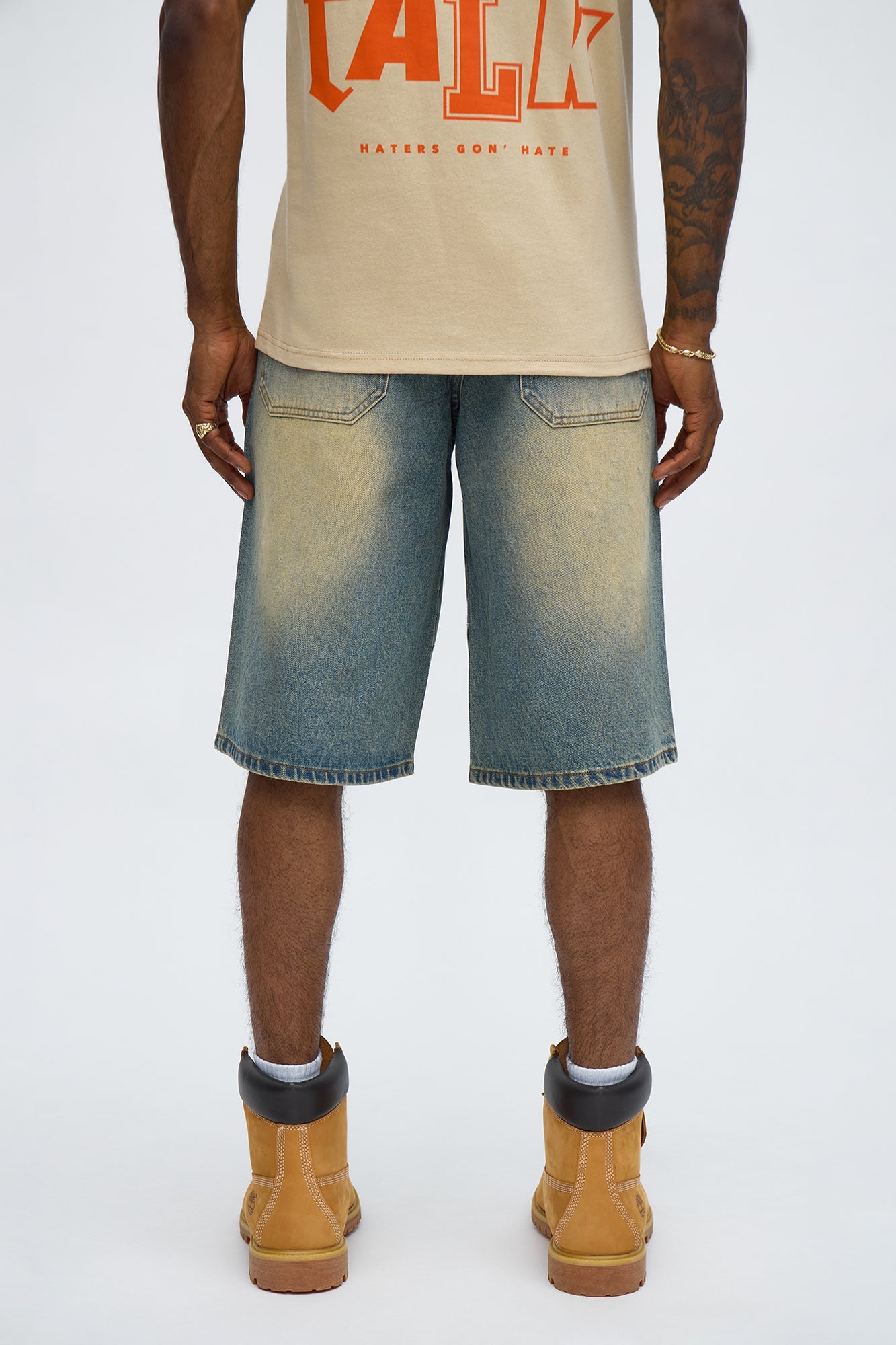 Baggy Notch Jeweled Denim Short - Vintage Blue Wash Fashion Nova