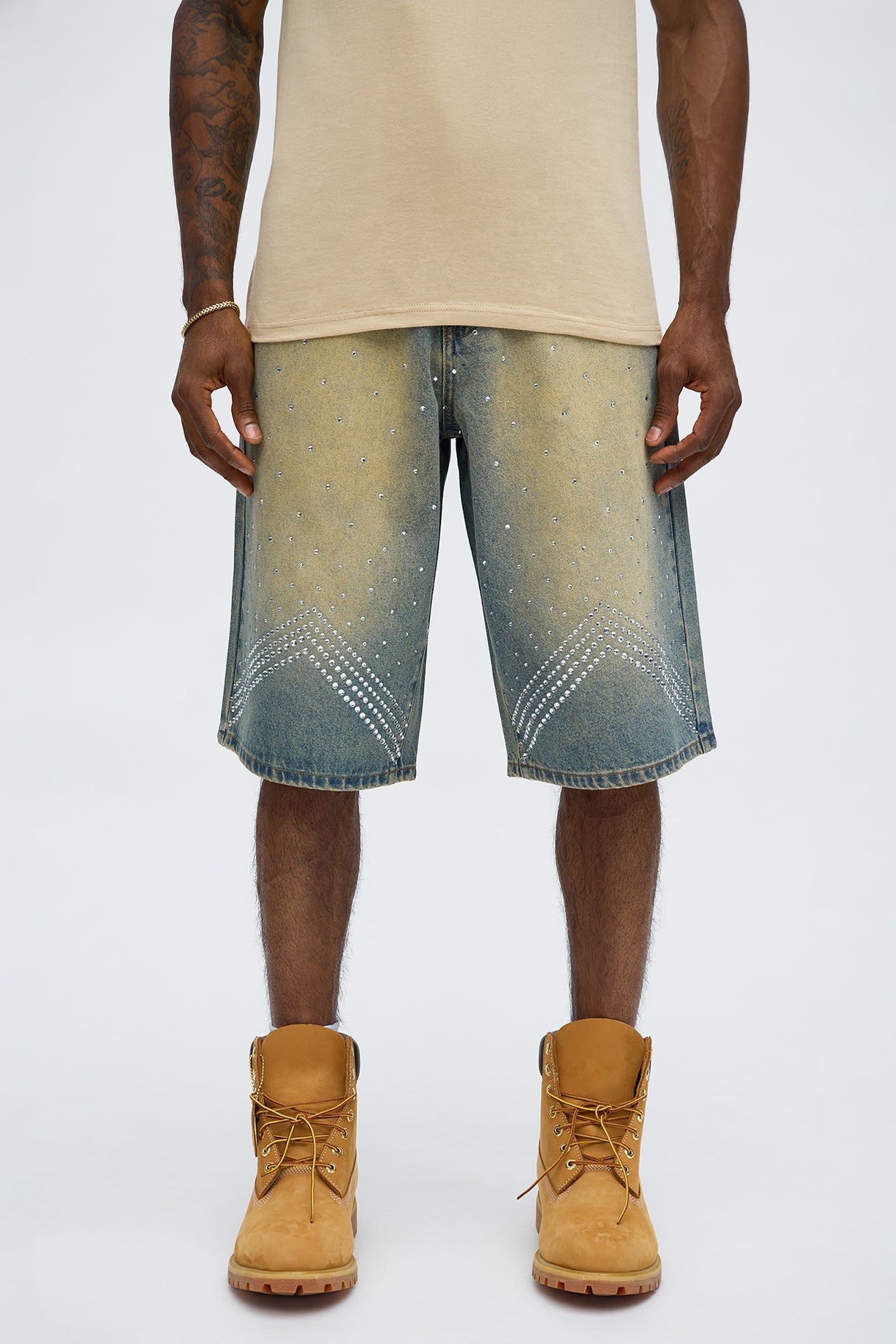 Baggy Notch Jeweled Denim Short - Vintage Blue Wash Fashion Nova