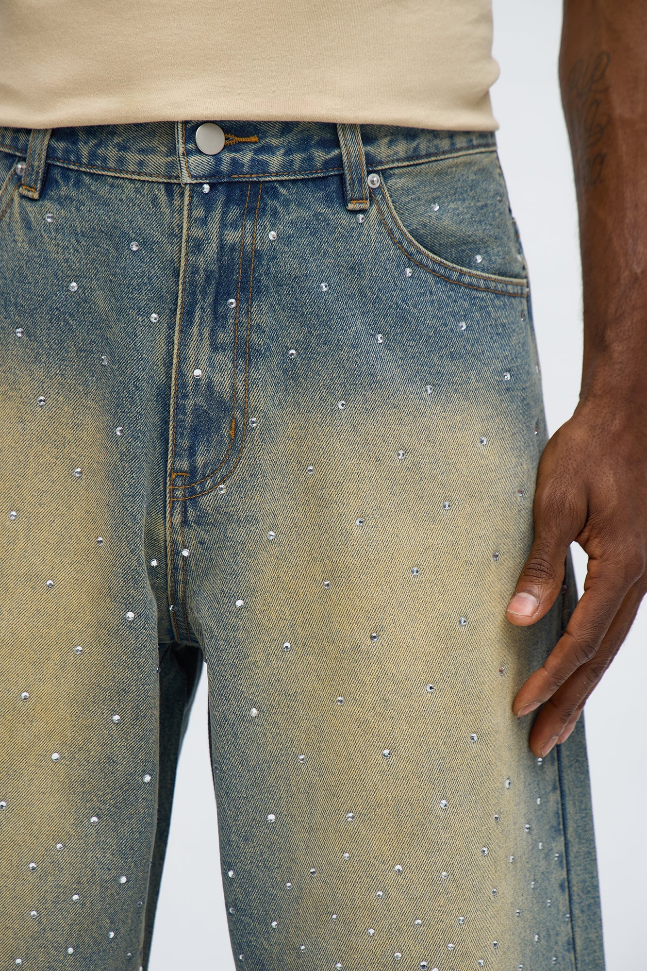 Baggy Notch Jeweled Denim Short - Vintage Blue Wash Fashion Nova
