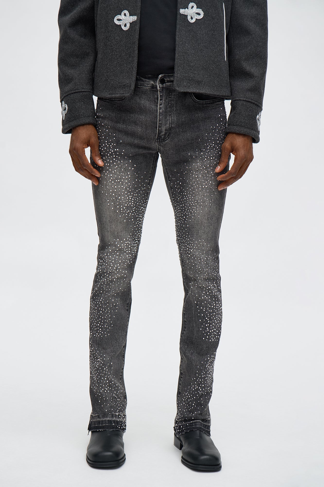 Stacked Skinny Flare Got That Razz Jewel Jean - Black Wash Fashion Nova