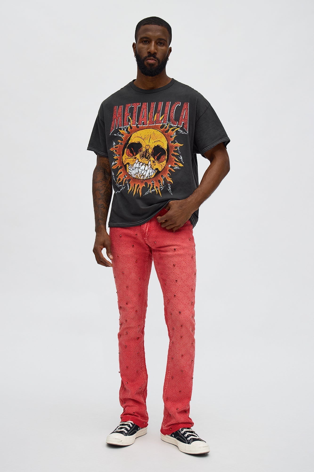Stacked Slim Flare We WIldin In Bling Jean - Red Fashion Nova