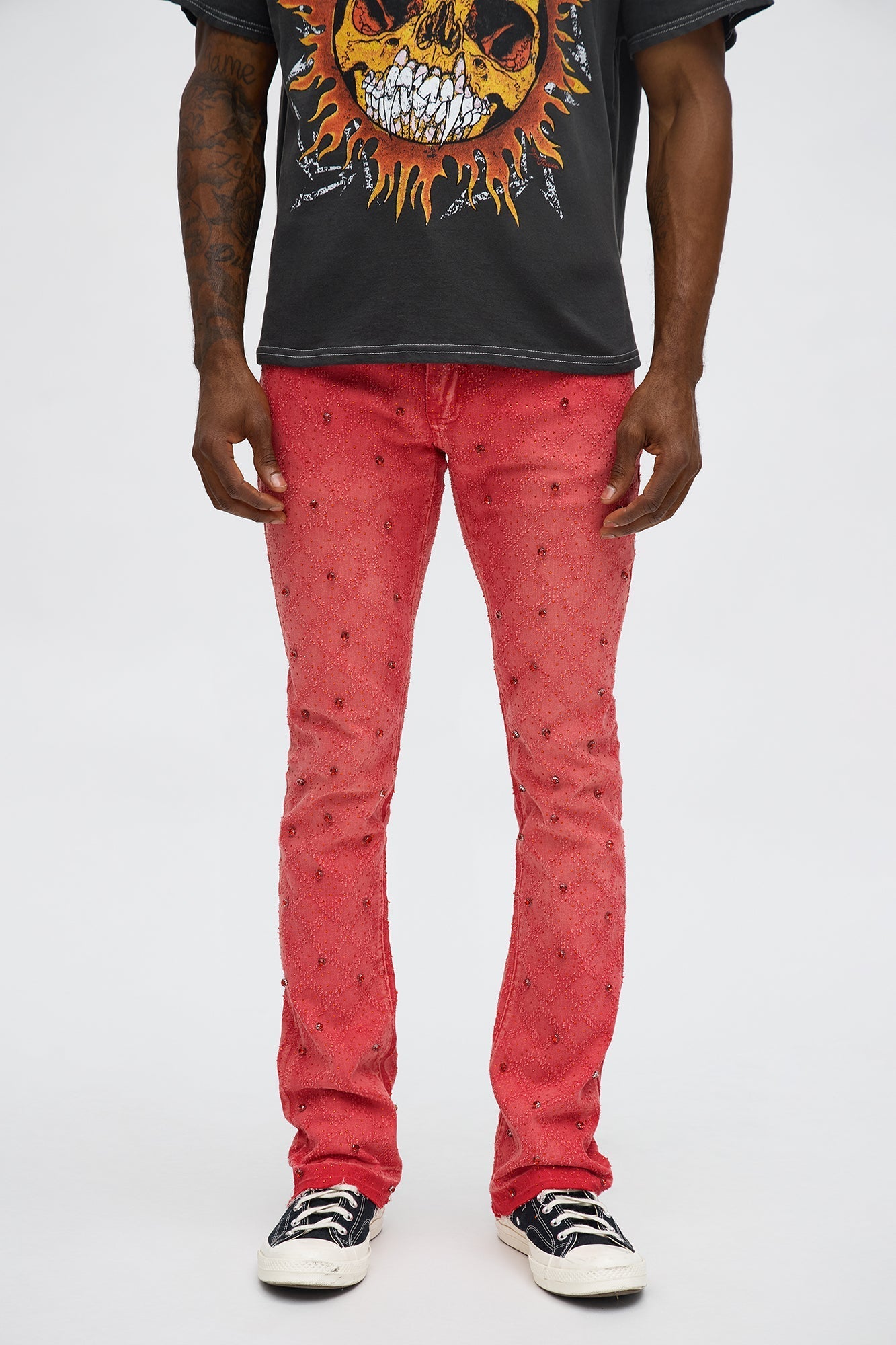 Stacked Slim Flare We WIldin In Bling Jean - Red Fashion Nova