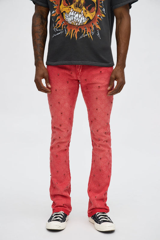 Stacked Slim Flare We WIldin In Bling Jean - Red Fashion Nova