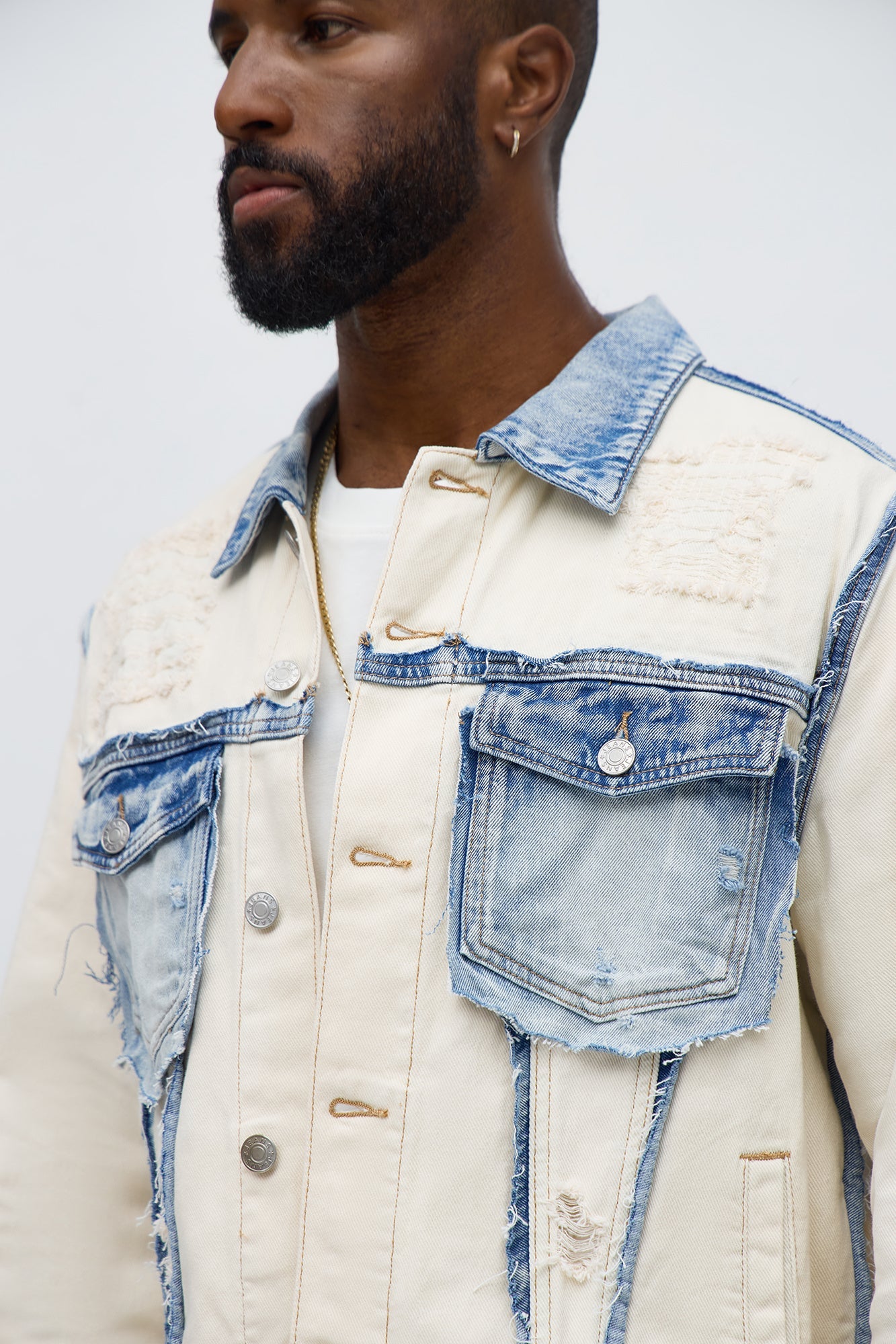 Benji Fray Denim Trucker Jacket - Off White/combo Fashion Nova