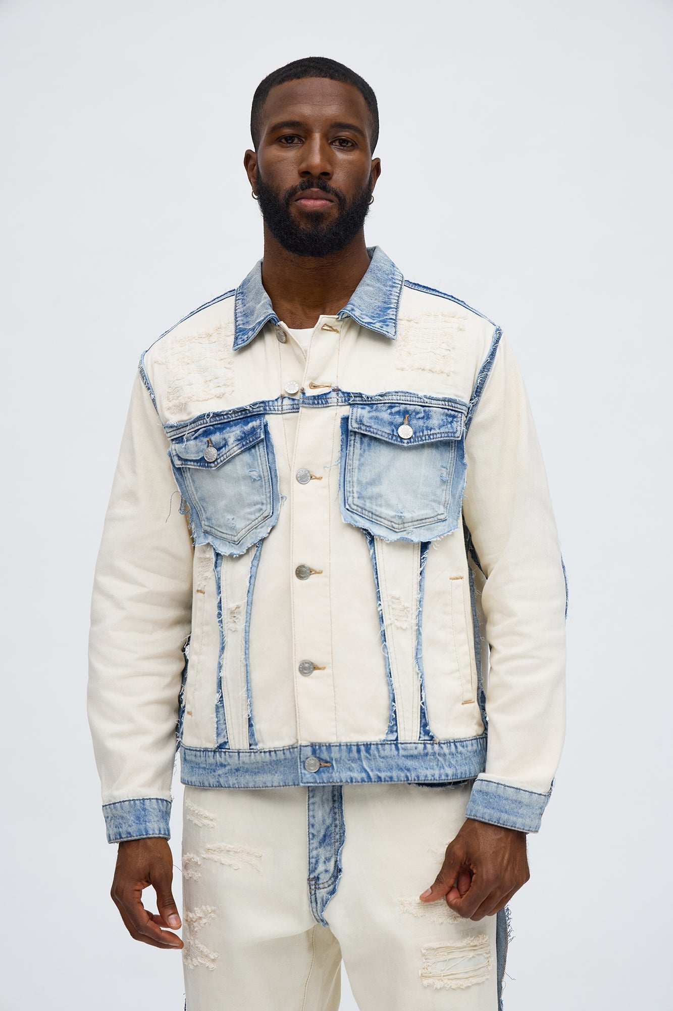 Benji Fray Denim Trucker Jacket - Off White/combo Fashion Nova