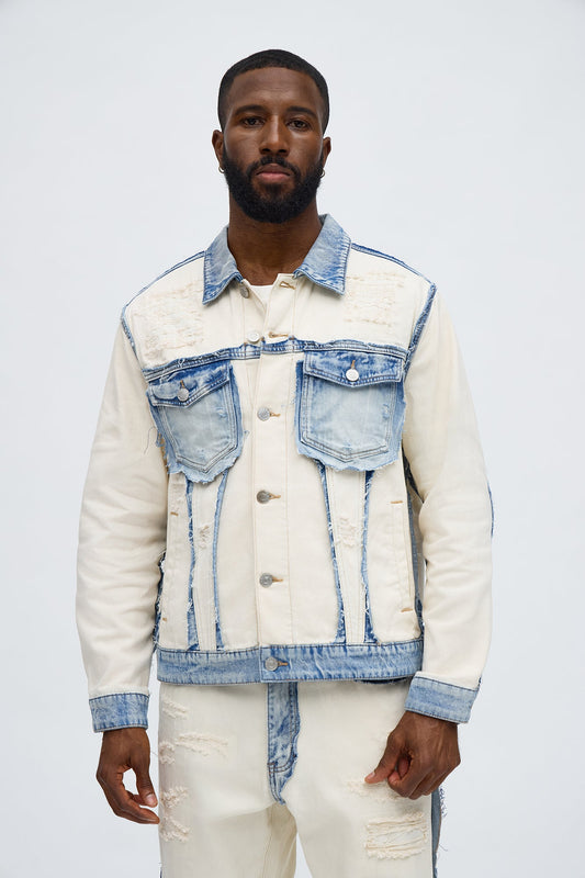 Benji Fray Denim Trucker Jacket - Off White/combo Fashion Nova