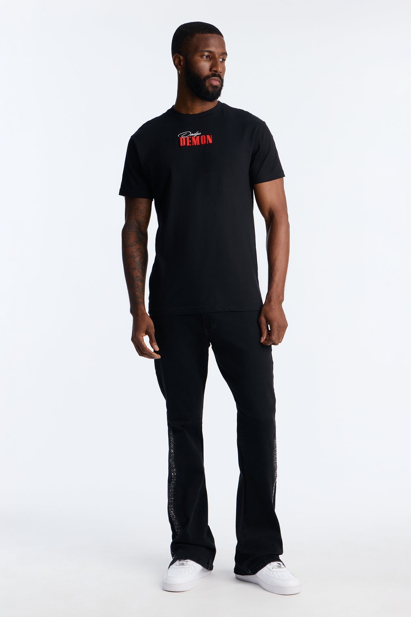 Stacked Slim Flare Tuxedo Jeweled Stripe Slit Jean - Black Fashion Nova