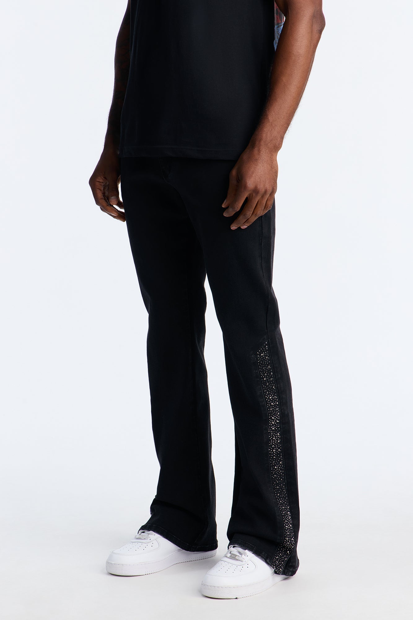 Stacked Slim Flare Tuxedo Jeweled Stripe Slit Jean - Black Fashion Nova