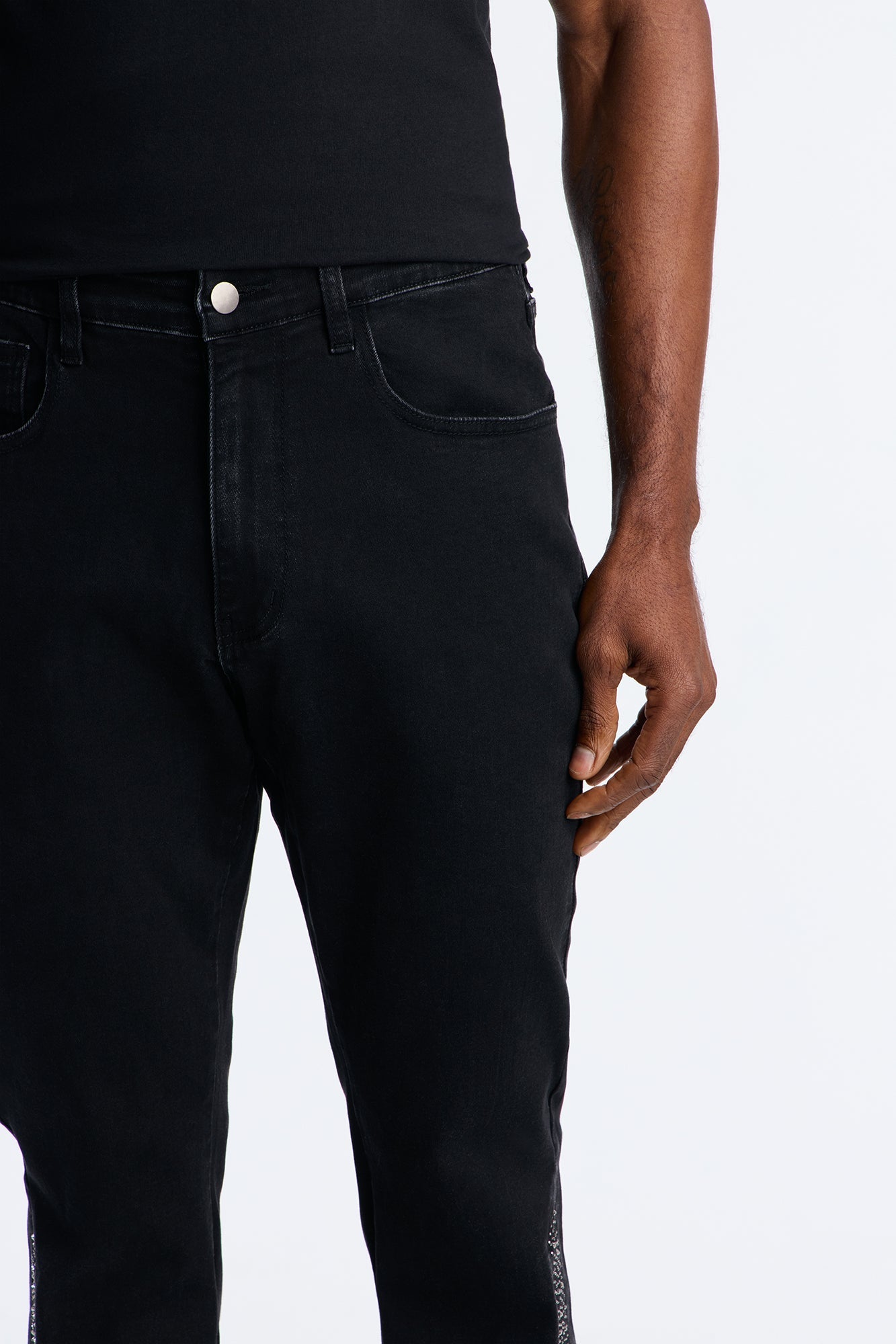 Stacked Slim Flare Tuxedo Jeweled Stripe Slit Jean - Black Fashion Nova