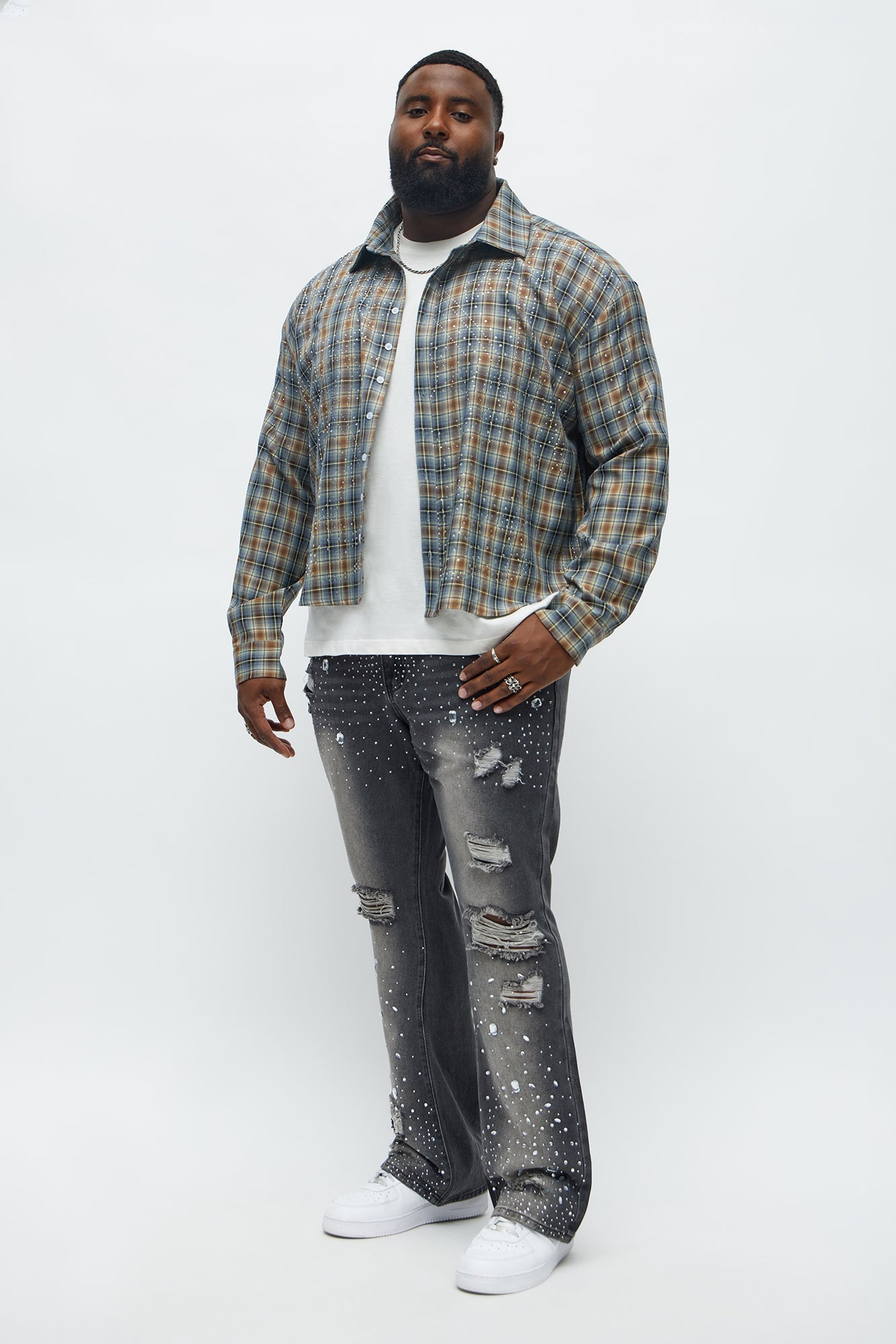 Cropped Starlit Rhinestone Plaid Flannel - Blue/combo Fashion Nova