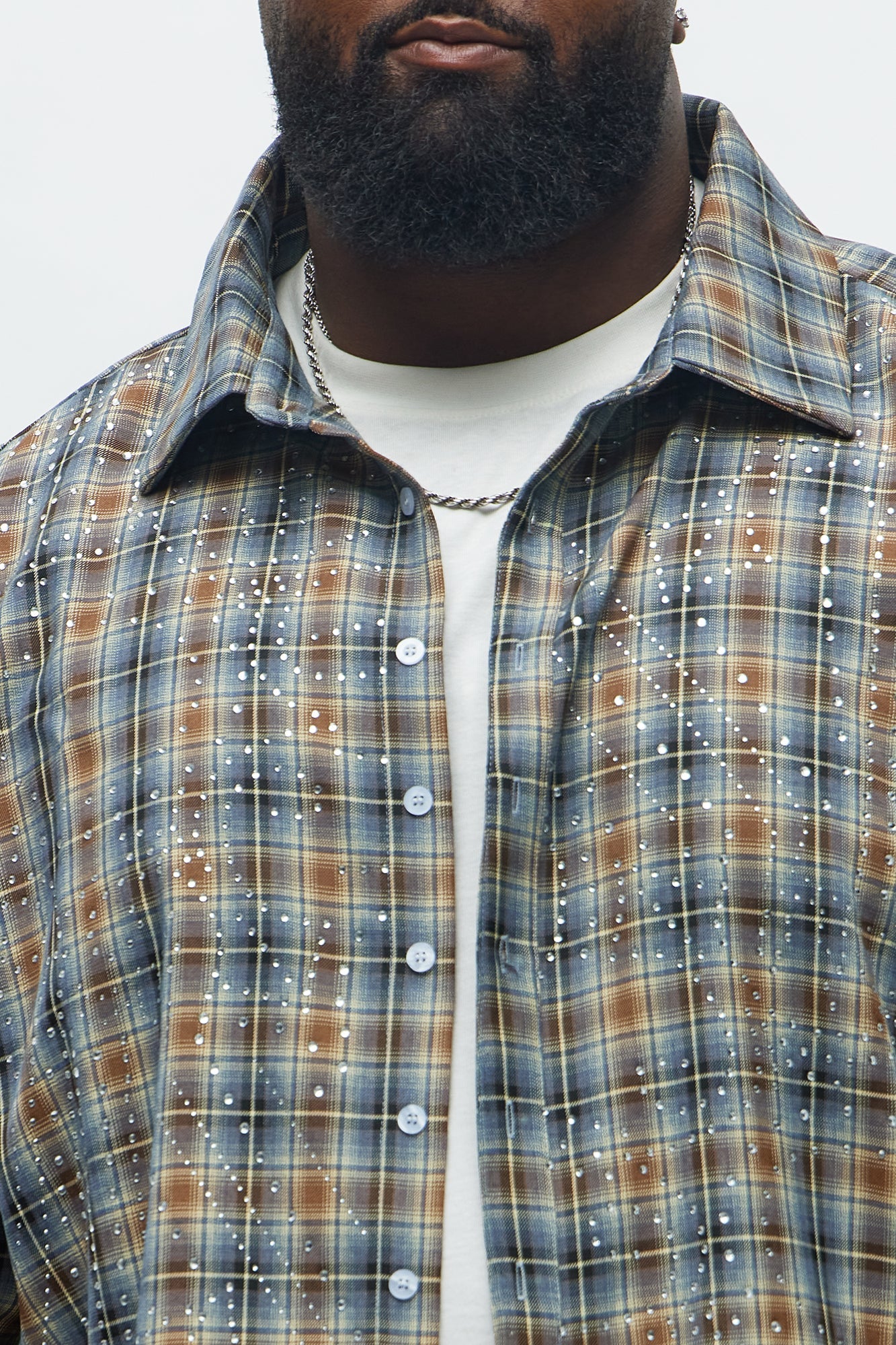 Cropped Starlit Rhinestone Plaid Flannel - Blue/combo Fashion Nova