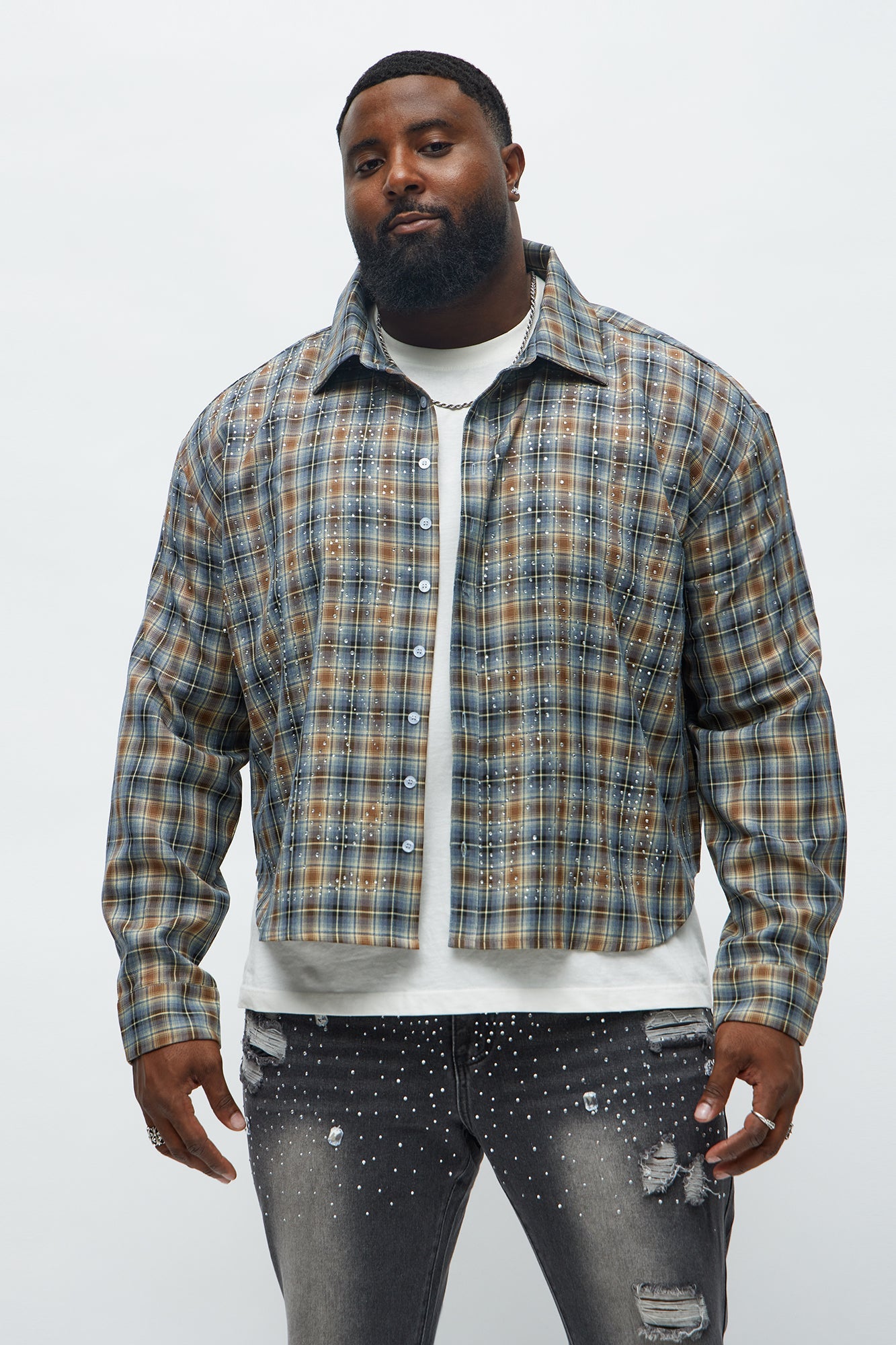 Cropped Starlit Rhinestone Plaid Flannel - Blue/combo Fashion Nova
