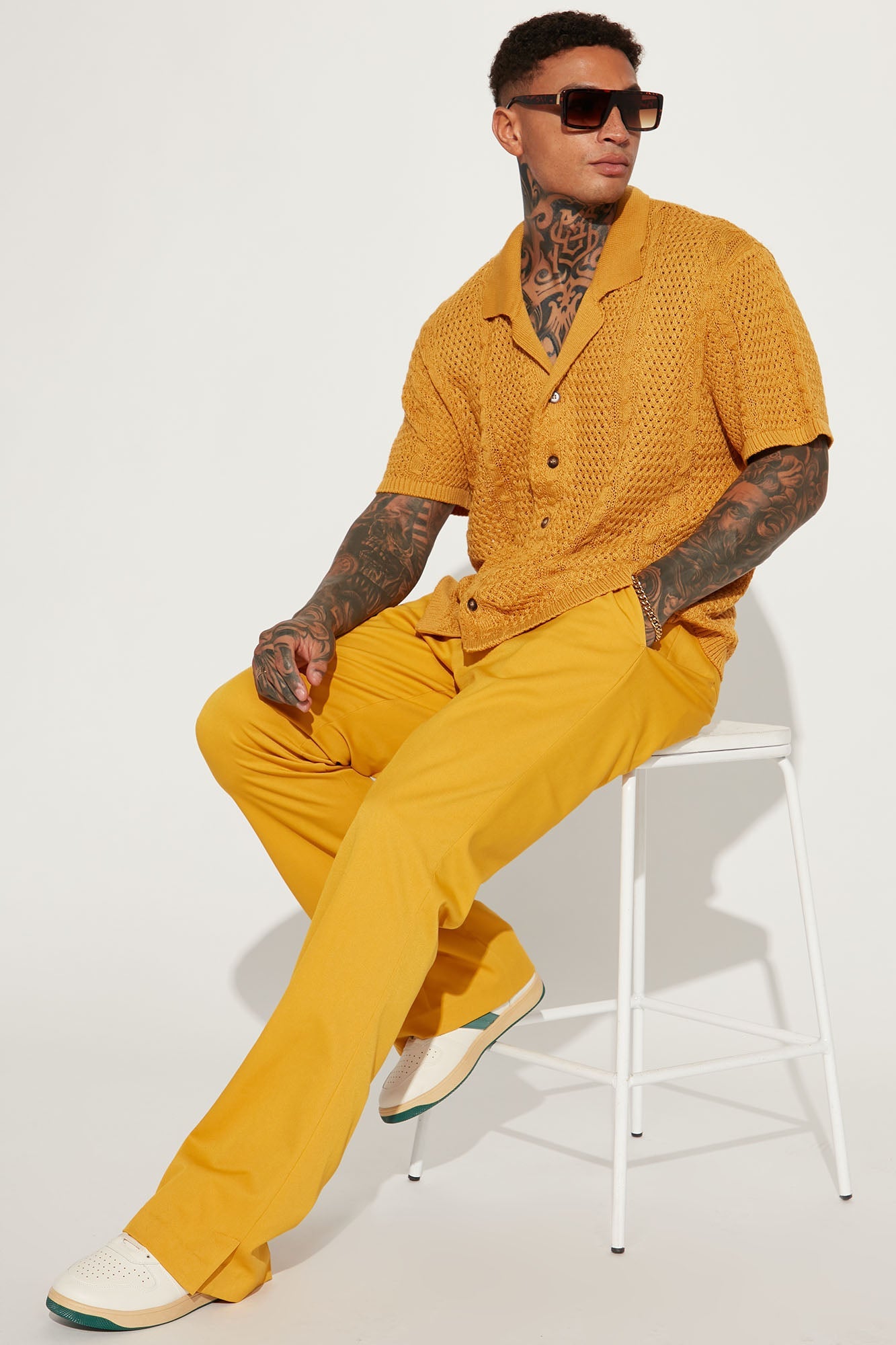 Unwind Cable Knit Short Sleeve Button Up - Mustard Fashion Nova