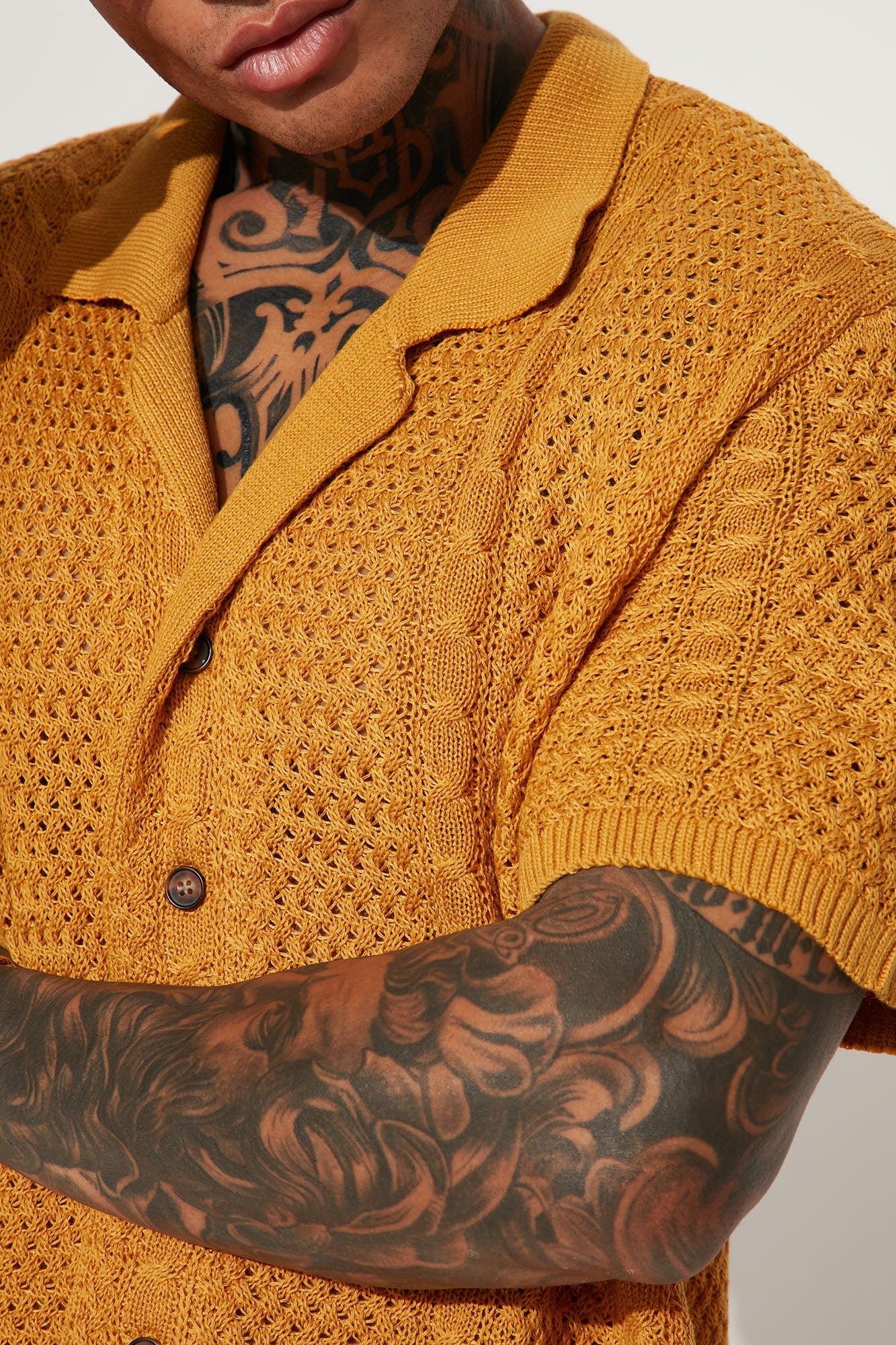 Unwind Cable Knit Short Sleeve Button Up - Mustard Fashion Nova