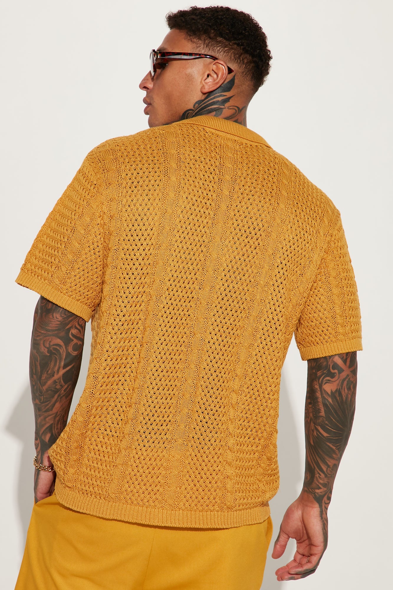 Unwind Cable Knit Short Sleeve Button Up - Mustard Fashion Nova
