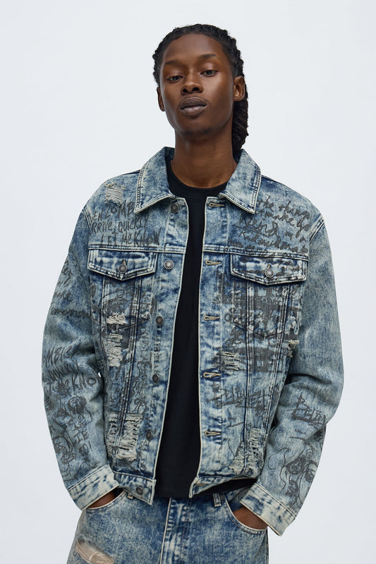 Verbiage Distressed Denim Trucker Jacket - Vintage Blue Wash Fashion Nova
