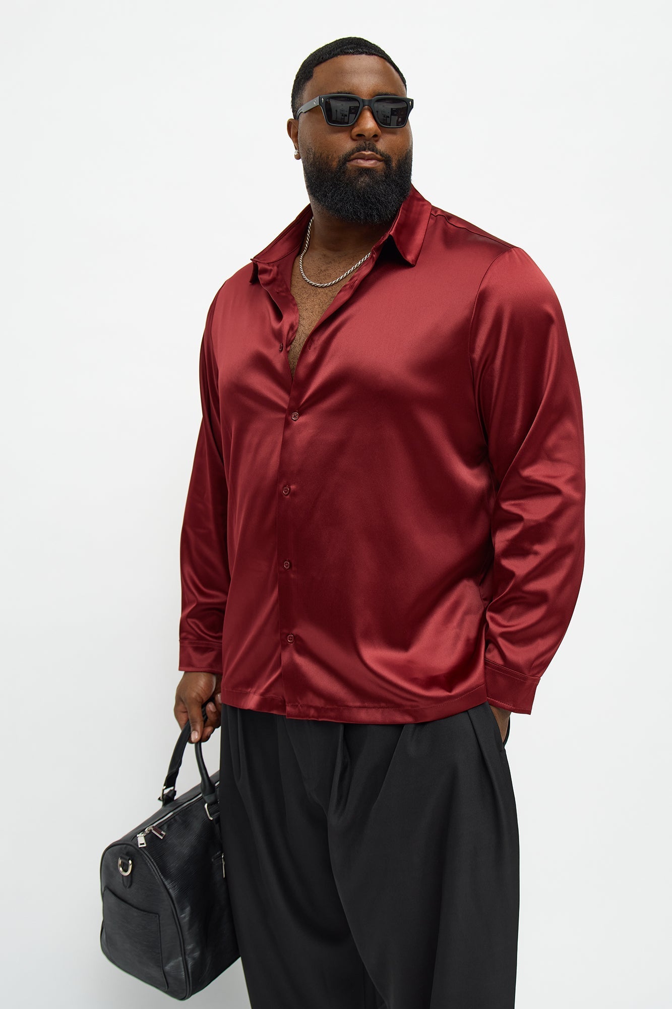 Links Satin Long Sleeve Button Up Shirt - Burgundy Fashion Nova