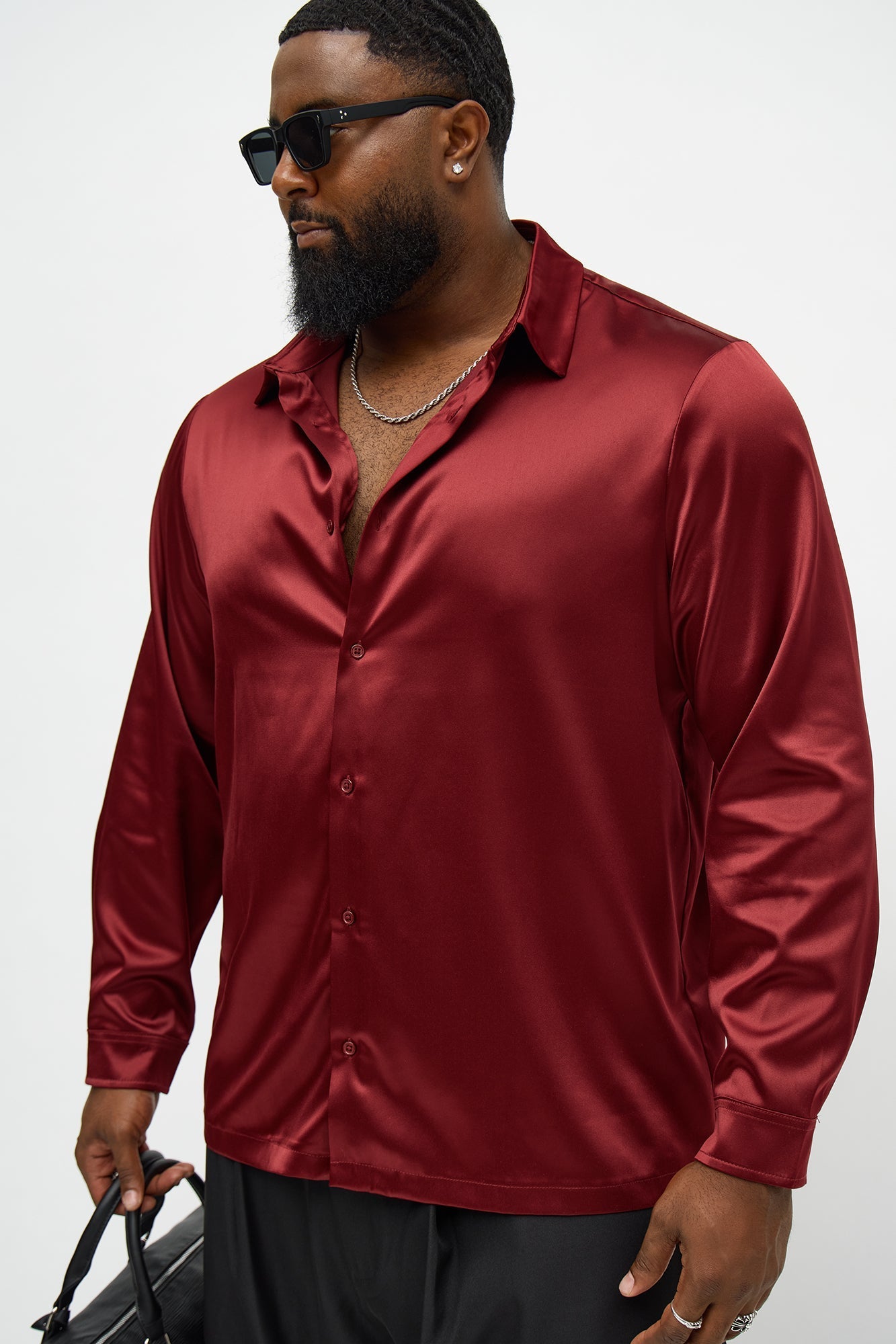 Links Satin Long Sleeve Button Up Shirt - Burgundy Fashion Nova