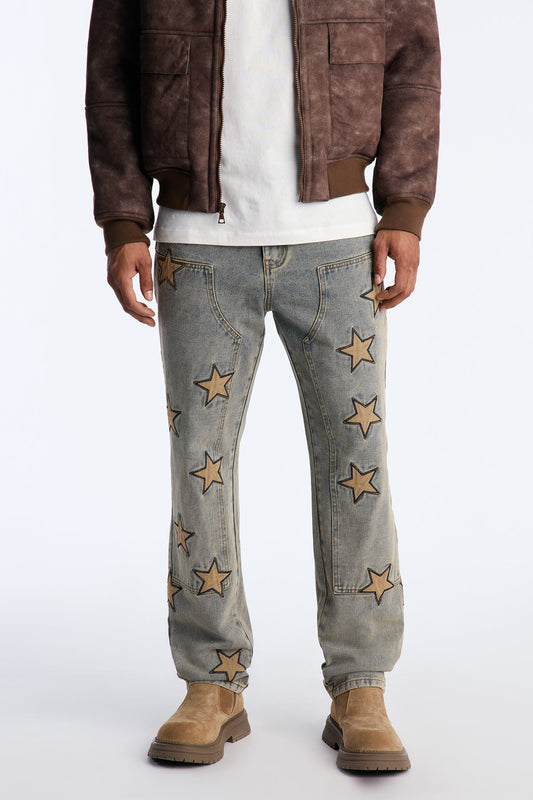 Slim Stars On It Embroidered Carpenter Jean - Light Wash Fashion Nova