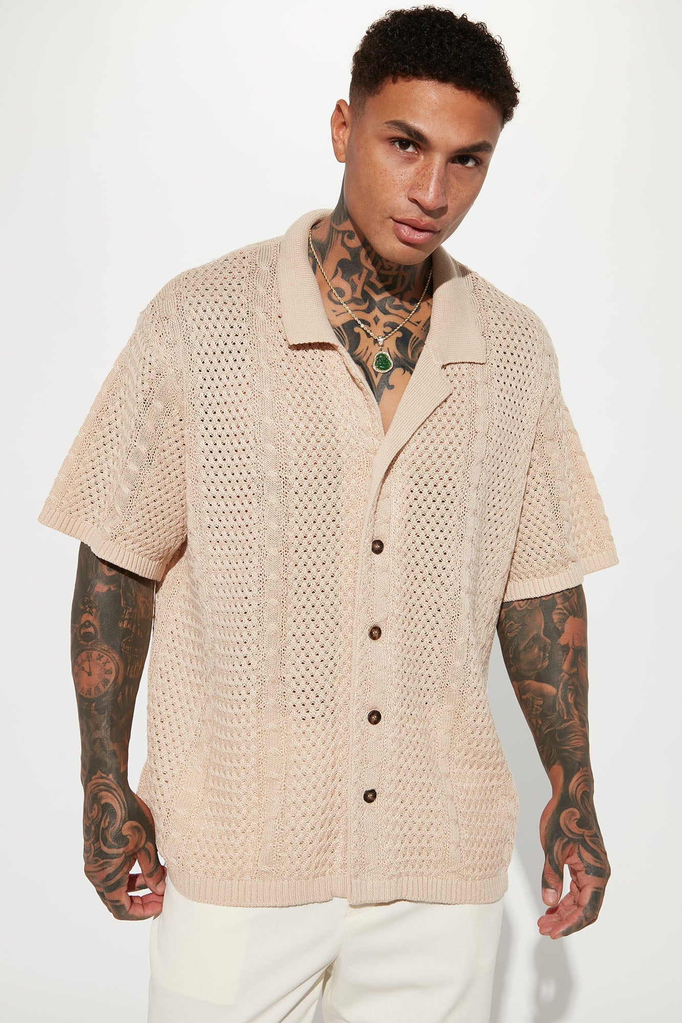 Unwind Cable Knit Short Sleeve Button Up - Oatmeal Fashion Nova