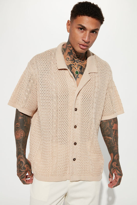 Unwind Cable Knit Short Sleeve Button Up - Oatmeal Fashion Nova