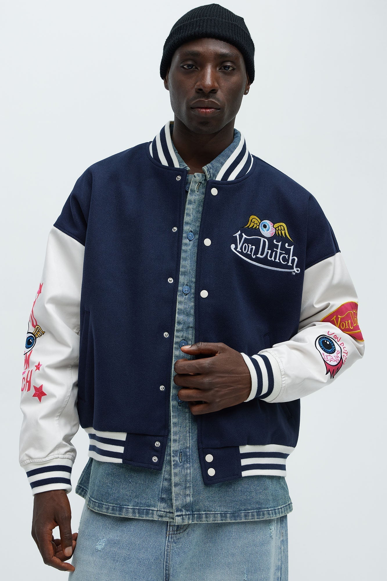 Von Dutch Eyeball Varsity Jacket - Navy/combo Fashion Nova