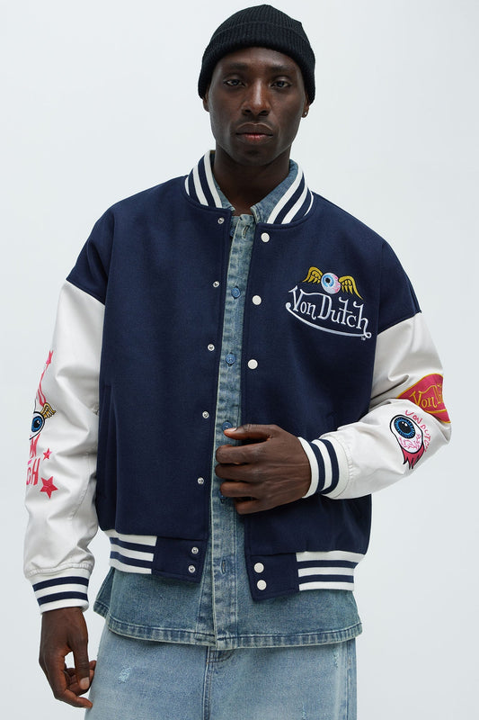 Von Dutch Eyeball Varsity Jacket - Navy/combo Fashion Nova