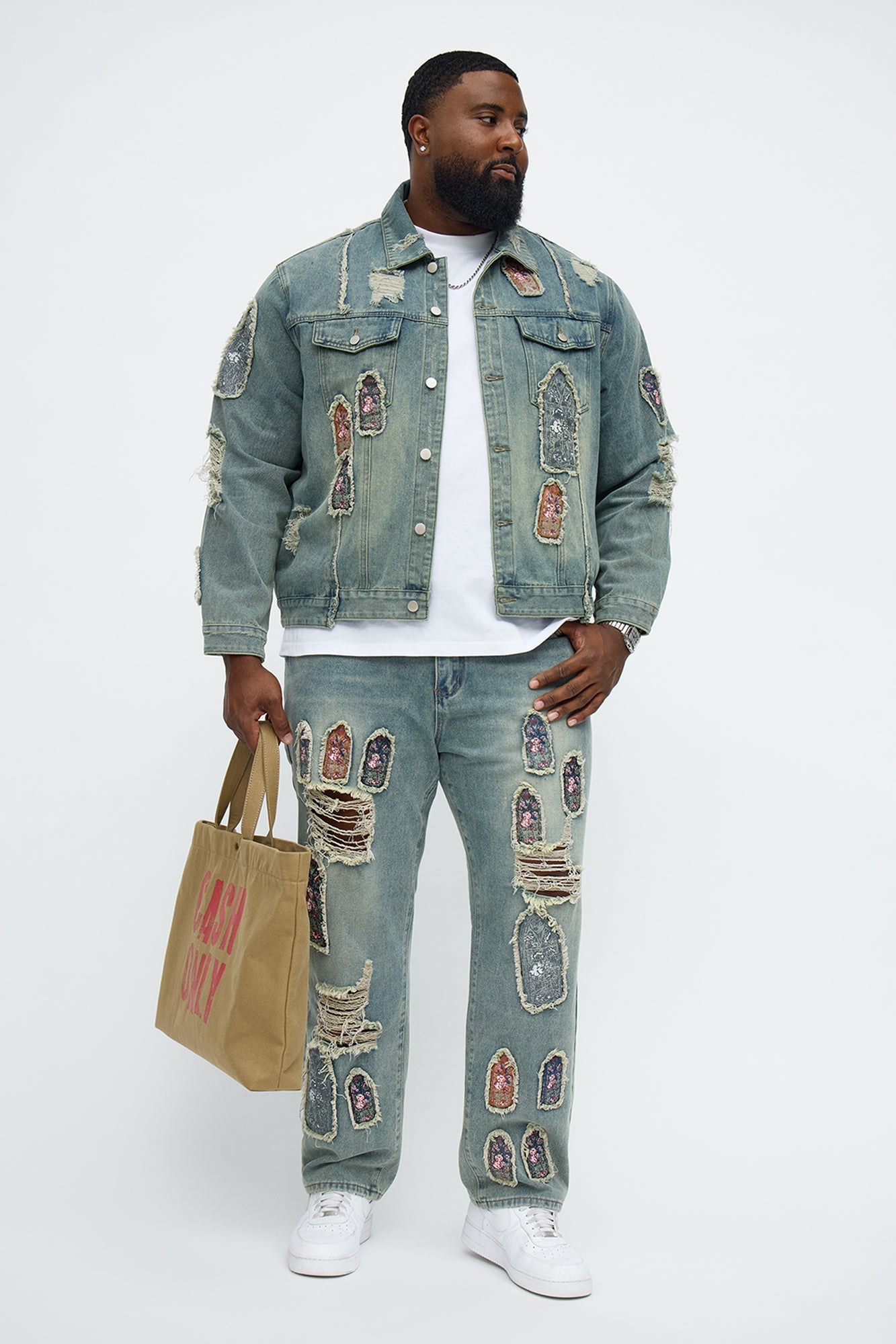 Holy Windows Patched Distressed Denim Trucker Jacket - Vintage Blue Wash Fashion Nova