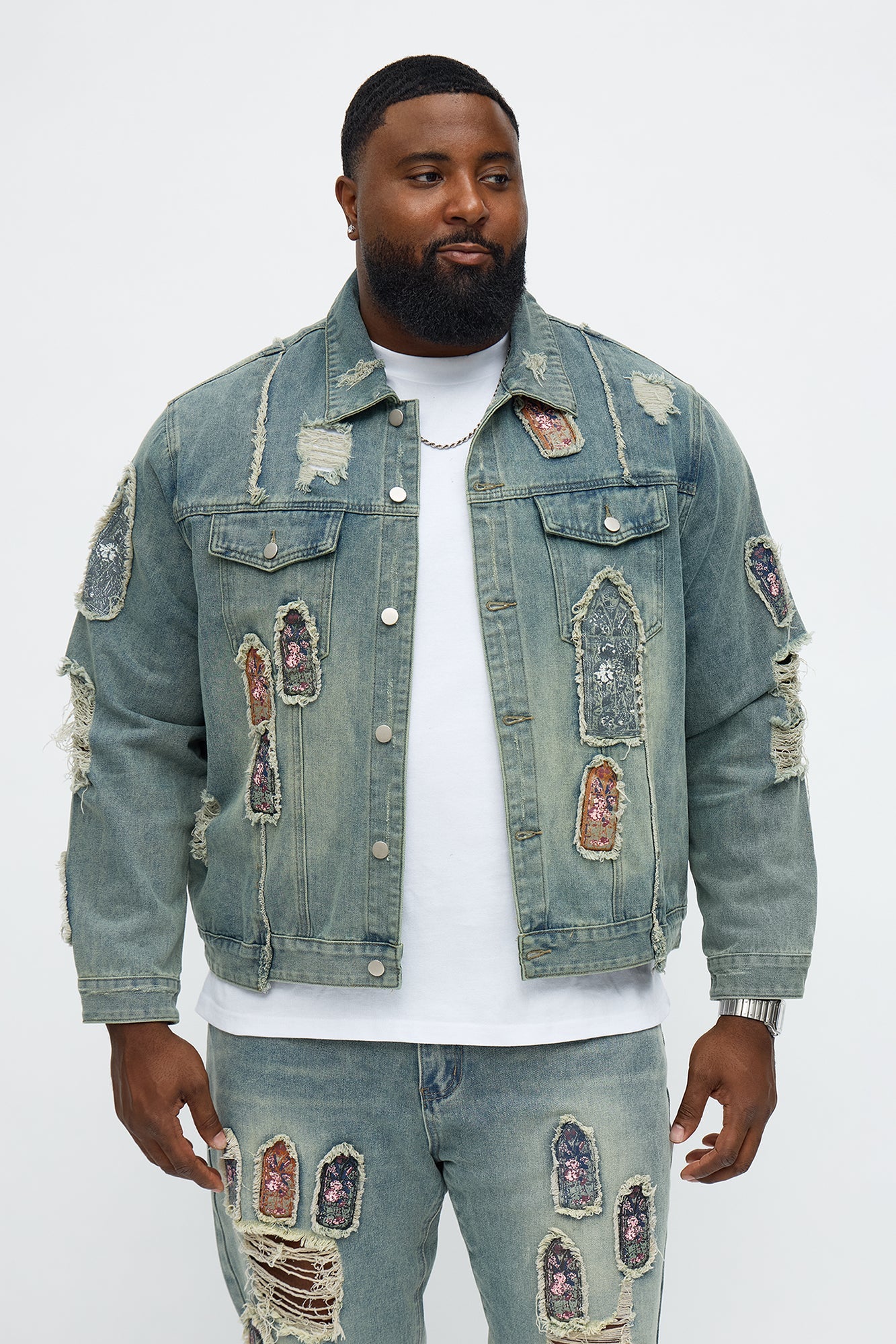 Holy Windows Patched Distressed Denim Trucker Jacket - Vintage Blue Wash Fashion Nova