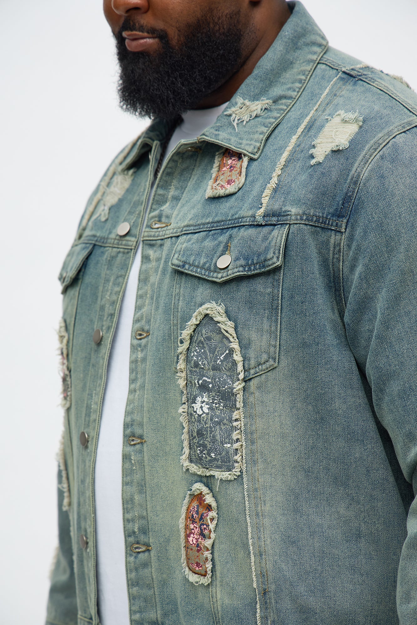 Holy Windows Patched Distressed Denim Trucker Jacket - Vintage Blue Wash Fashion Nova