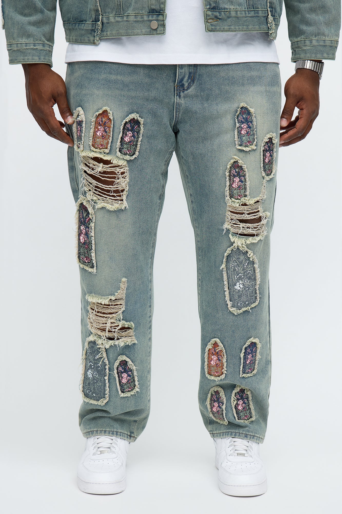 Relaxed Straight Holy Windows Patched Distressed Jean - Vintage Blue Wash Fashion Nova