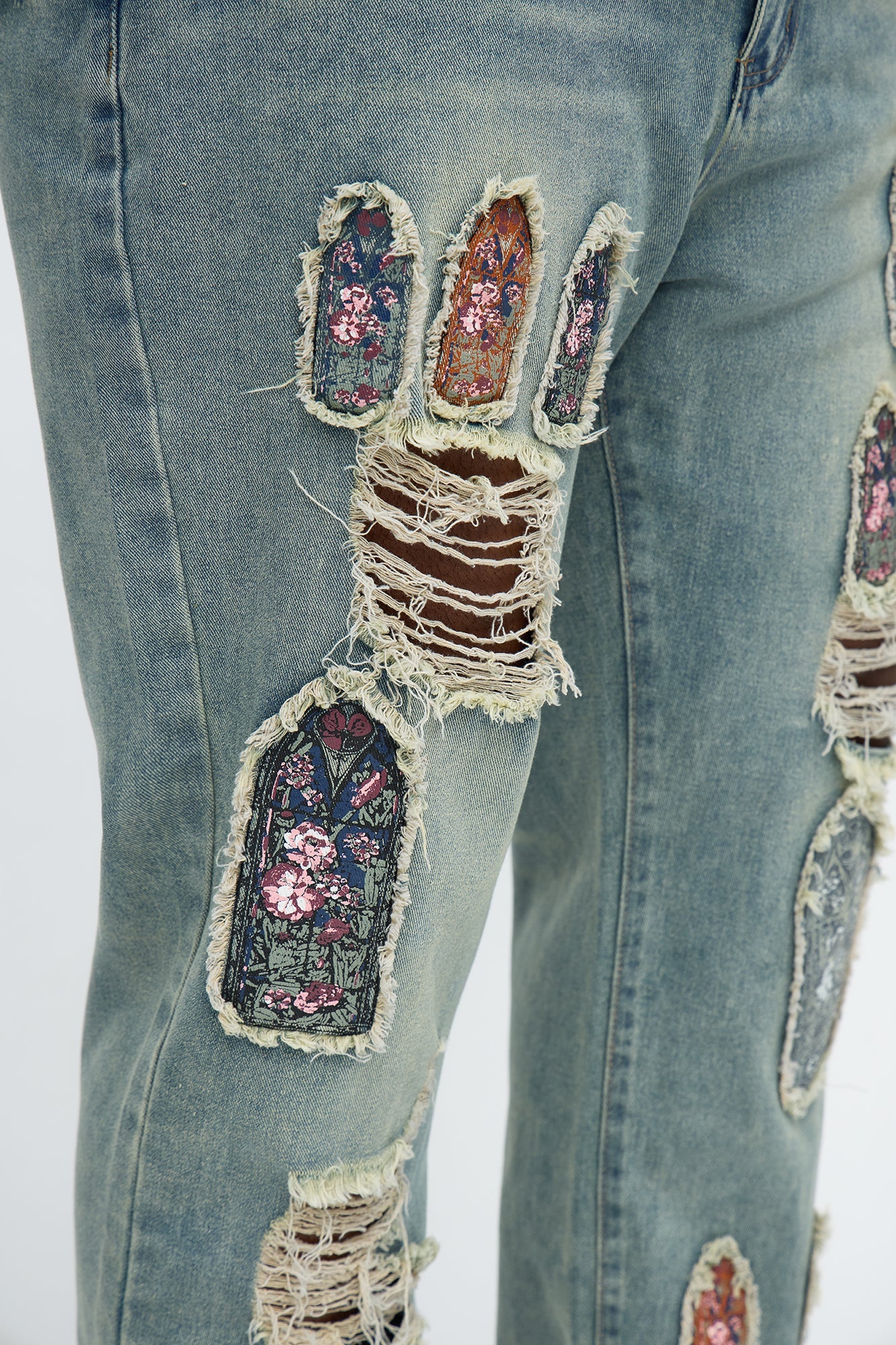 Relaxed Straight Holy Windows Patched Distressed Jean - Vintage Blue Wash Fashion Nova
