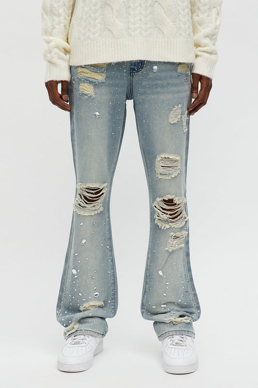 Stacked Skinny Flare Walk Me Through Jeweled Distressed Jean - Medium Blue Wash Fashion Nova