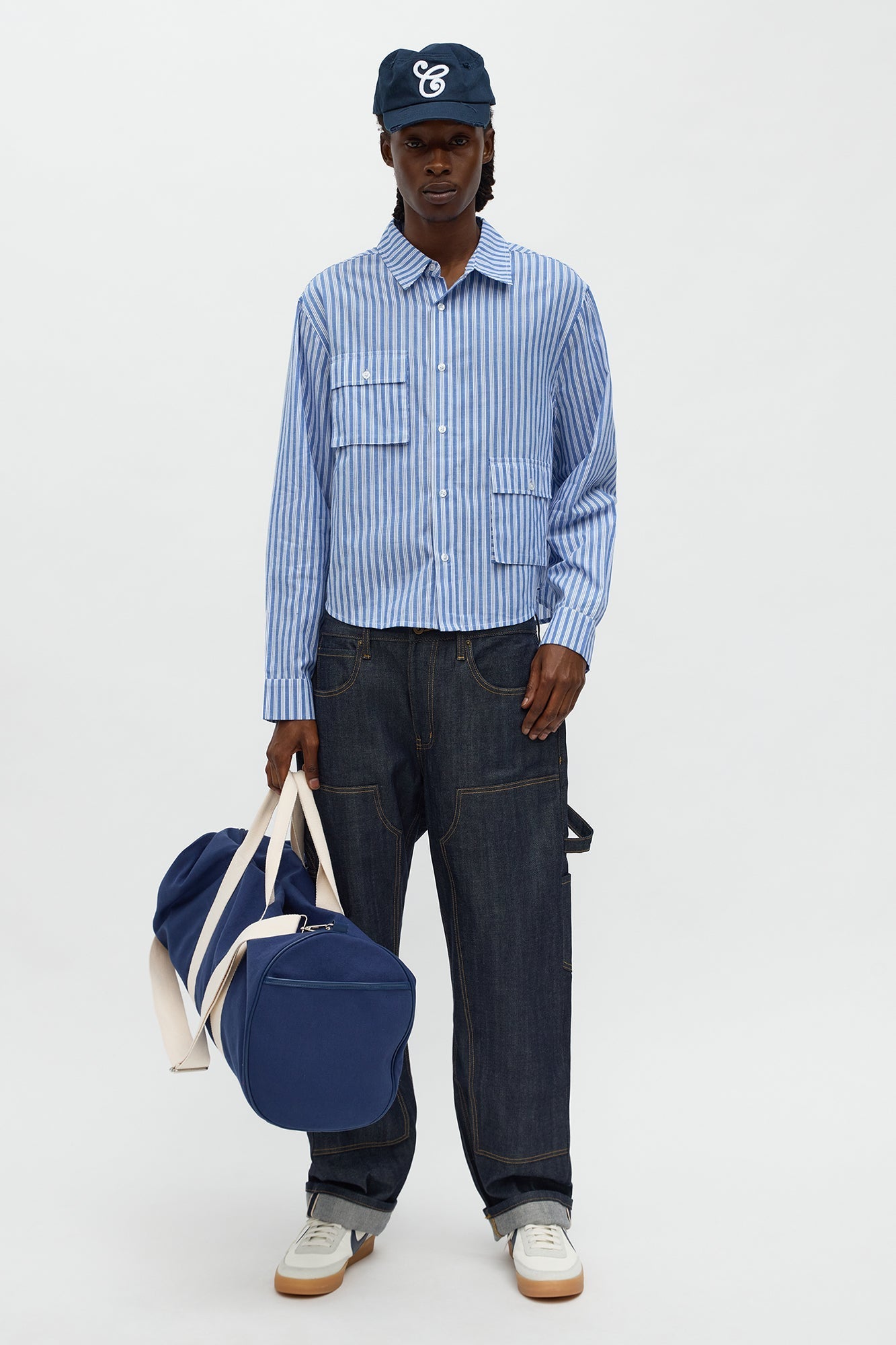 Cropped Cargo Pocket Long Sleeve Button Up Shirt - Blue/combo Fashion Nova