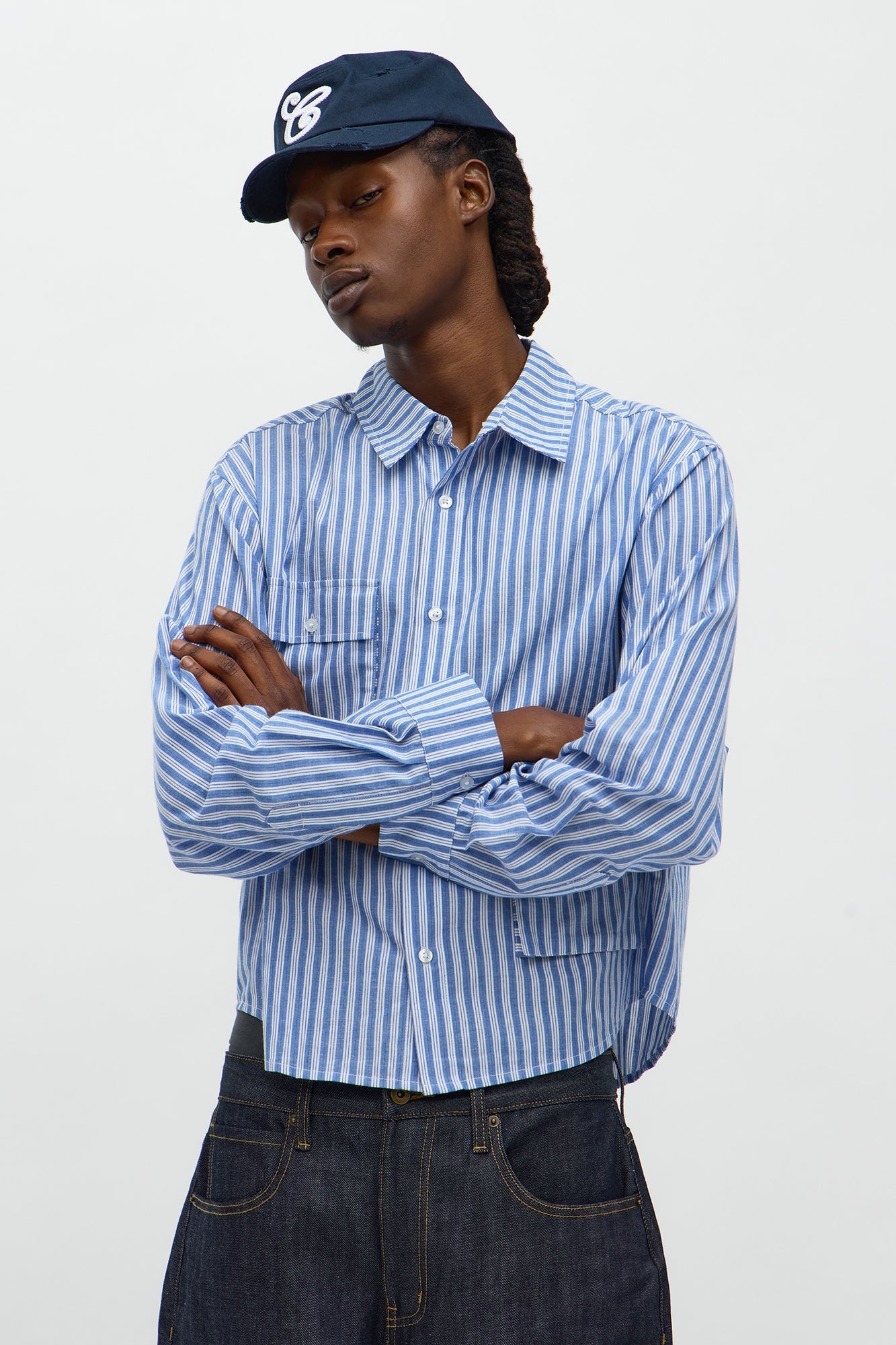 Cropped Cargo Pocket Long Sleeve Button Up Shirt - Blue/combo Fashion Nova