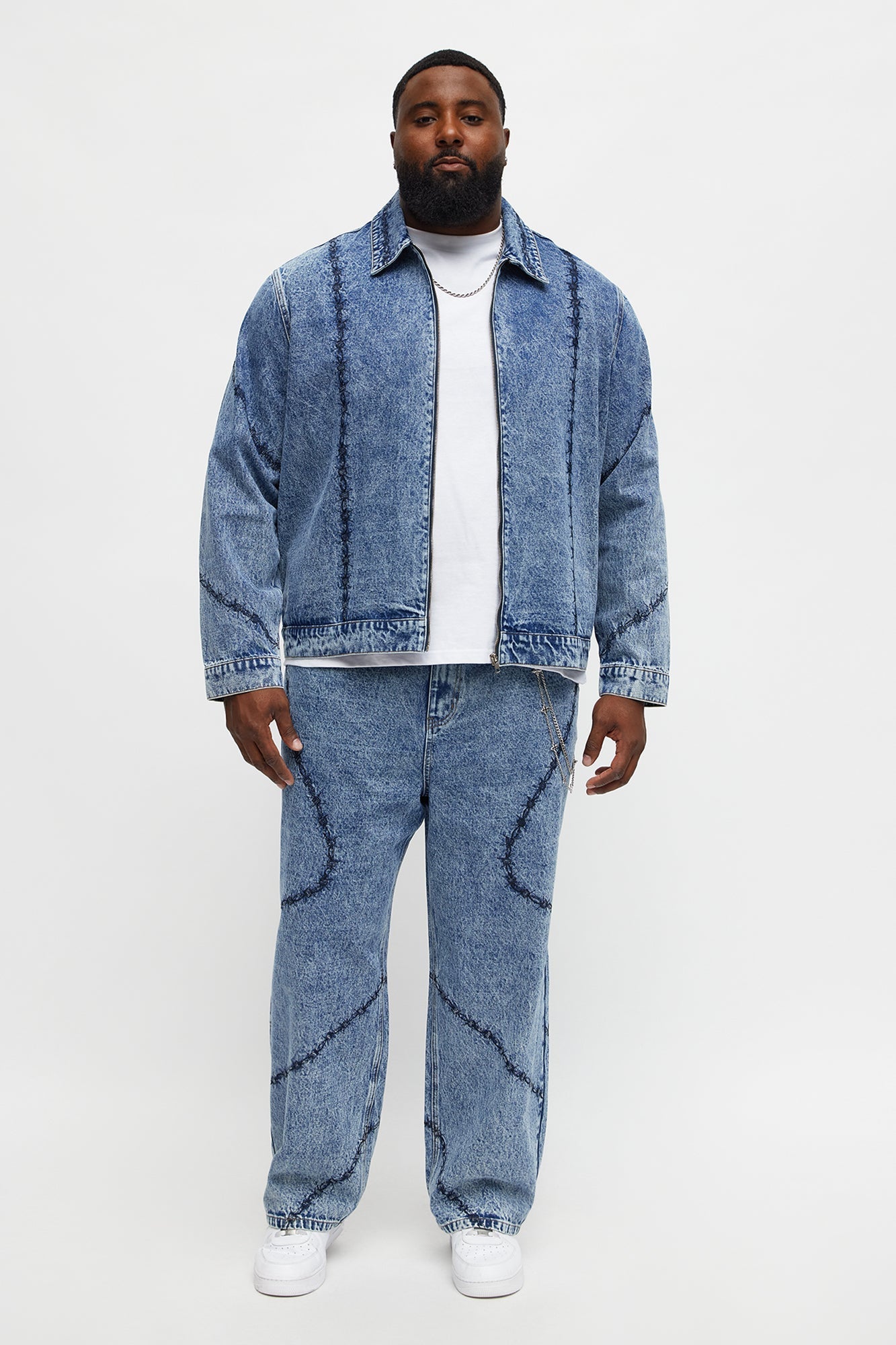 Baggy Embroidered Barbwire Jean - Medium Blue Wash Fashion Nova