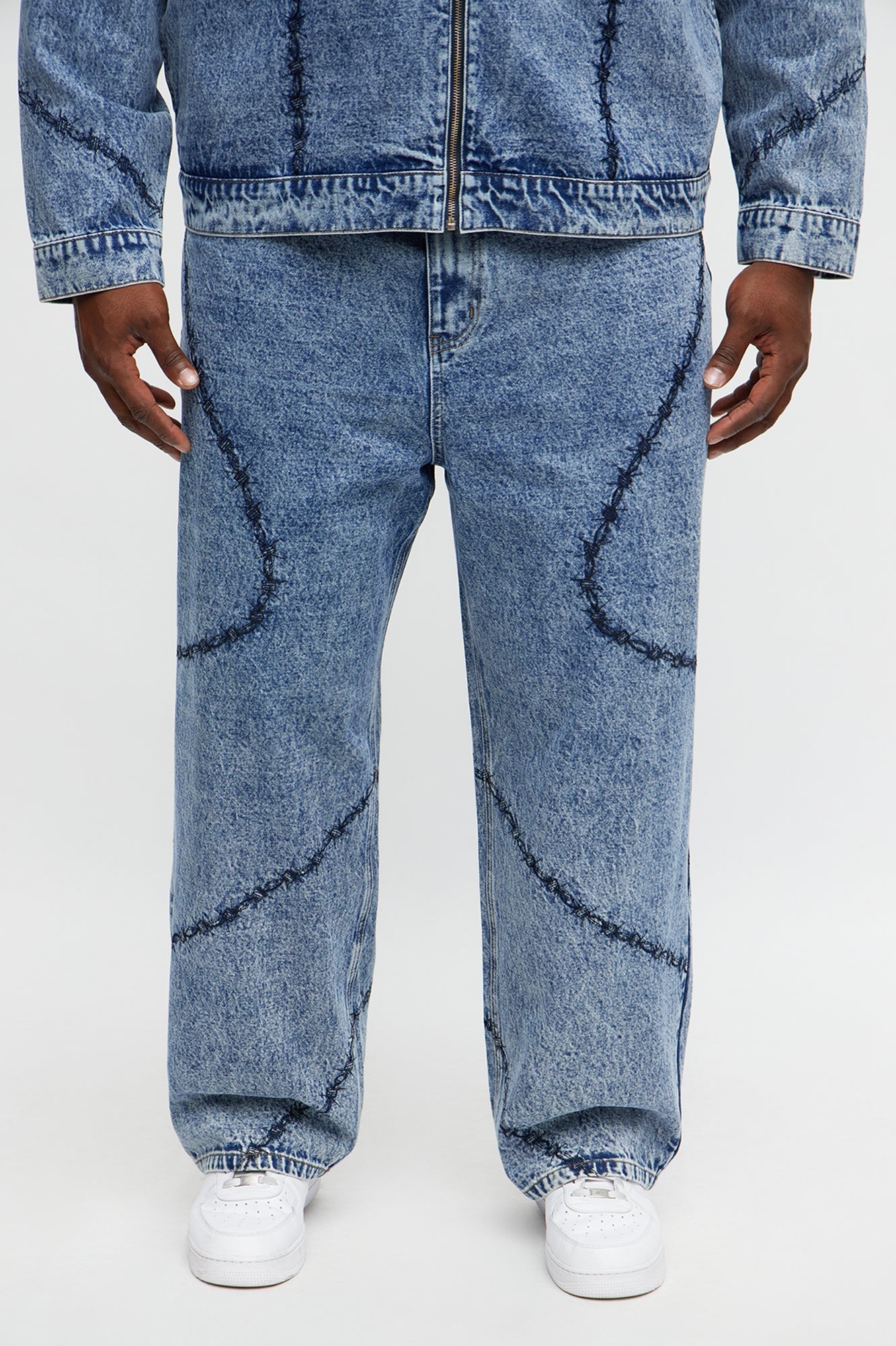 Baggy Embroidered Barbwire Jean - Medium Blue Wash Fashion Nova