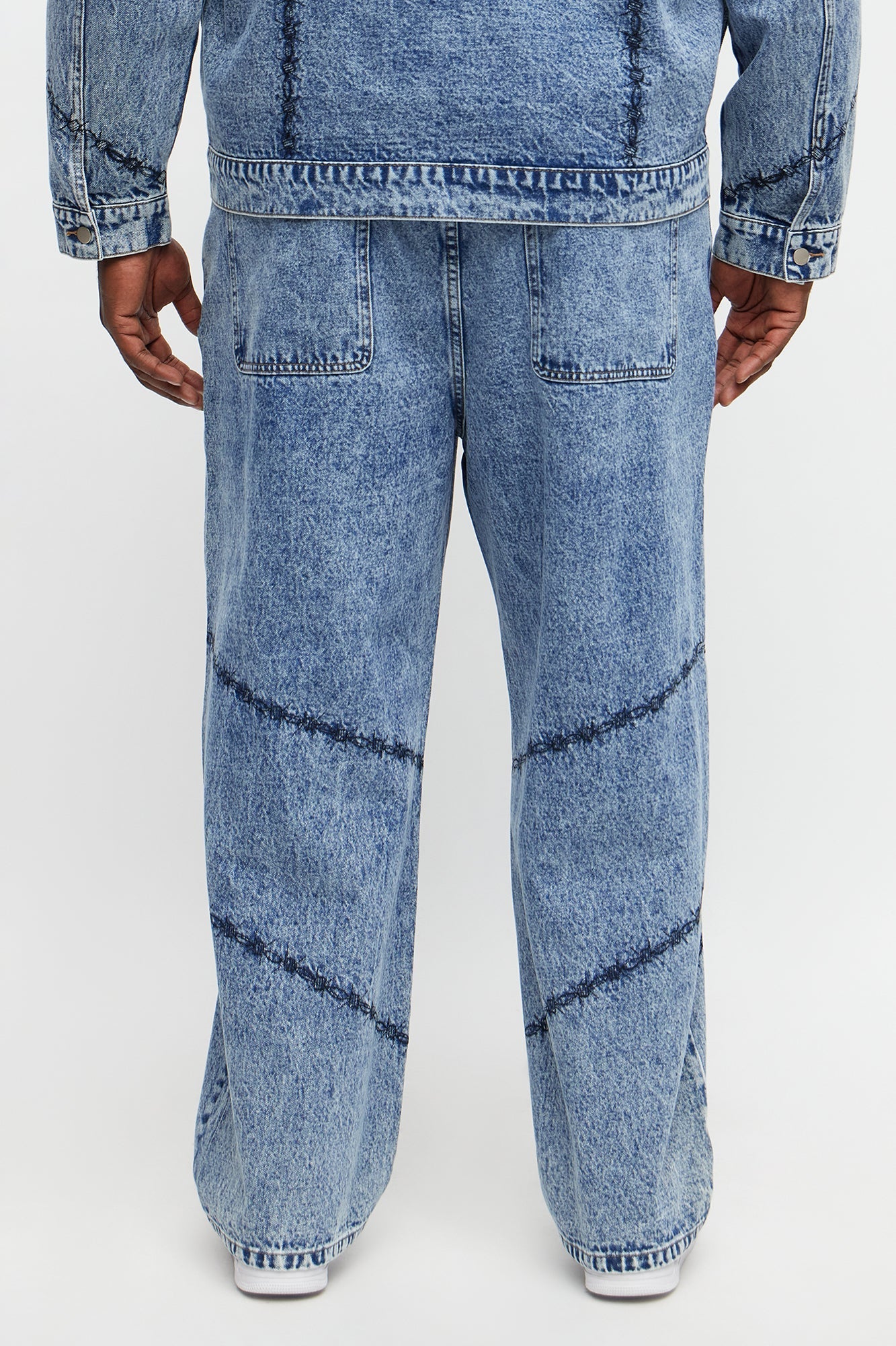 Baggy Embroidered Barbwire Jean - Medium Blue Wash Fashion Nova