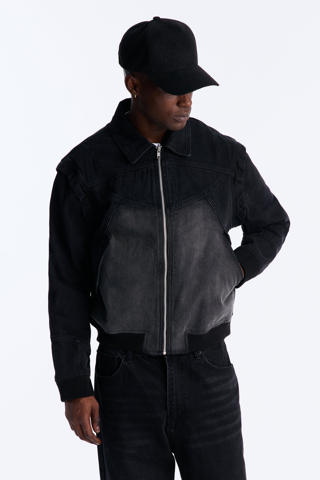 Paneled Denim Bomber Jacket - Black Wash Fashion Nova