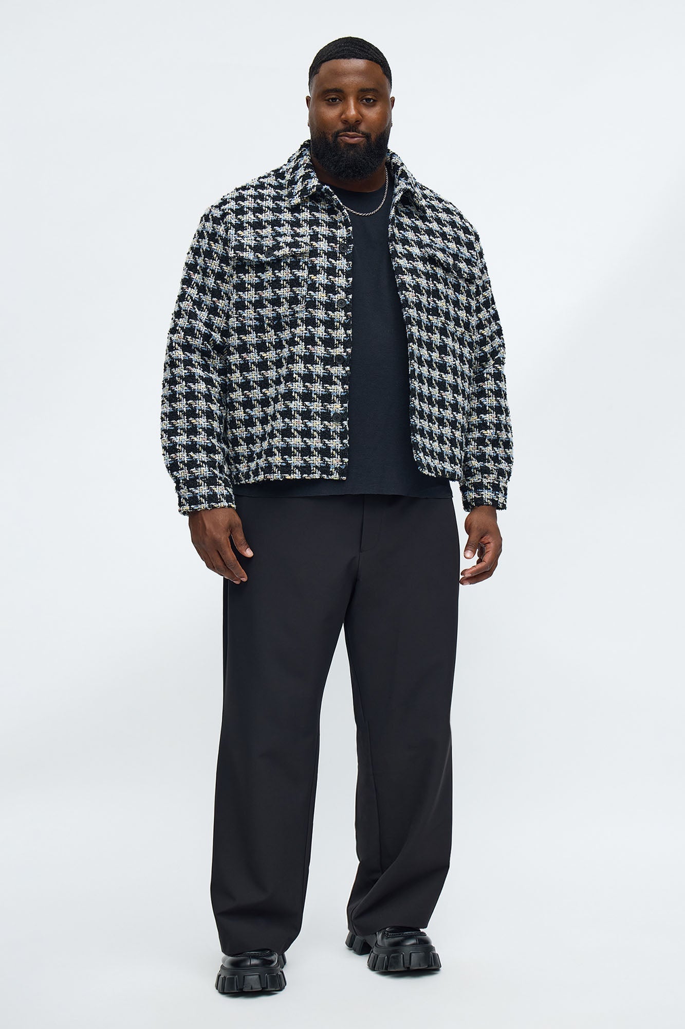 Cropped Textured Boucle Houndstooth Shacket - Black Fashion Nova