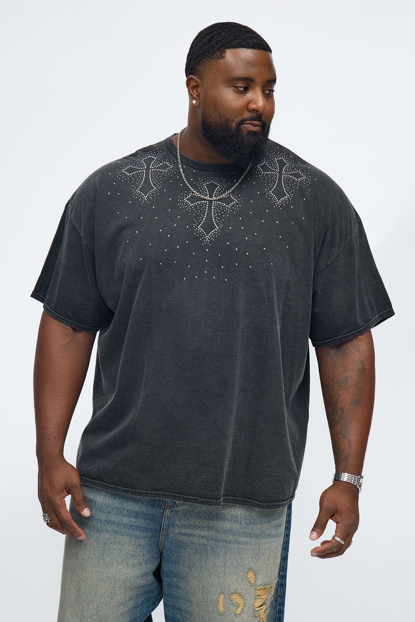 Cross Rhinestones Oversized Short Sleeve Tee - Black Fashion Nova
