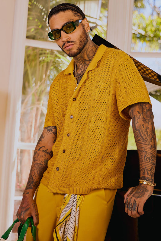 Unwind Cable Knit Short Sleeve Button Up - Mustard Fashion Nova