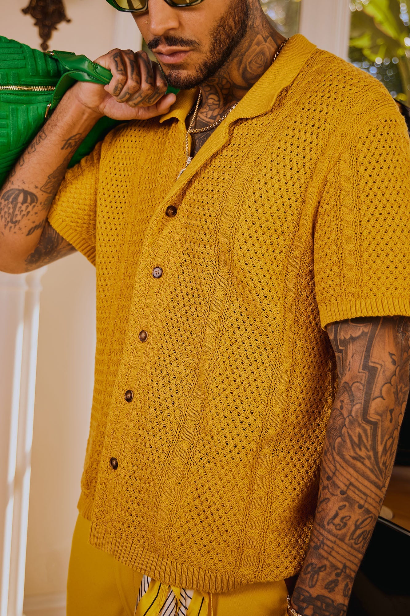 Unwind Cable Knit Short Sleeve Button Up - Mustard Fashion Nova